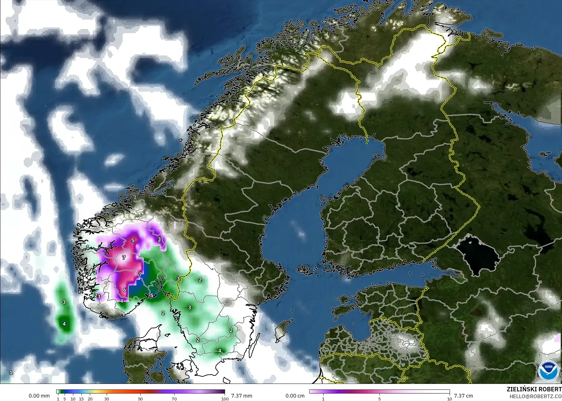 GFS modelo - Escandinavia, Precipitación, nubes y presión