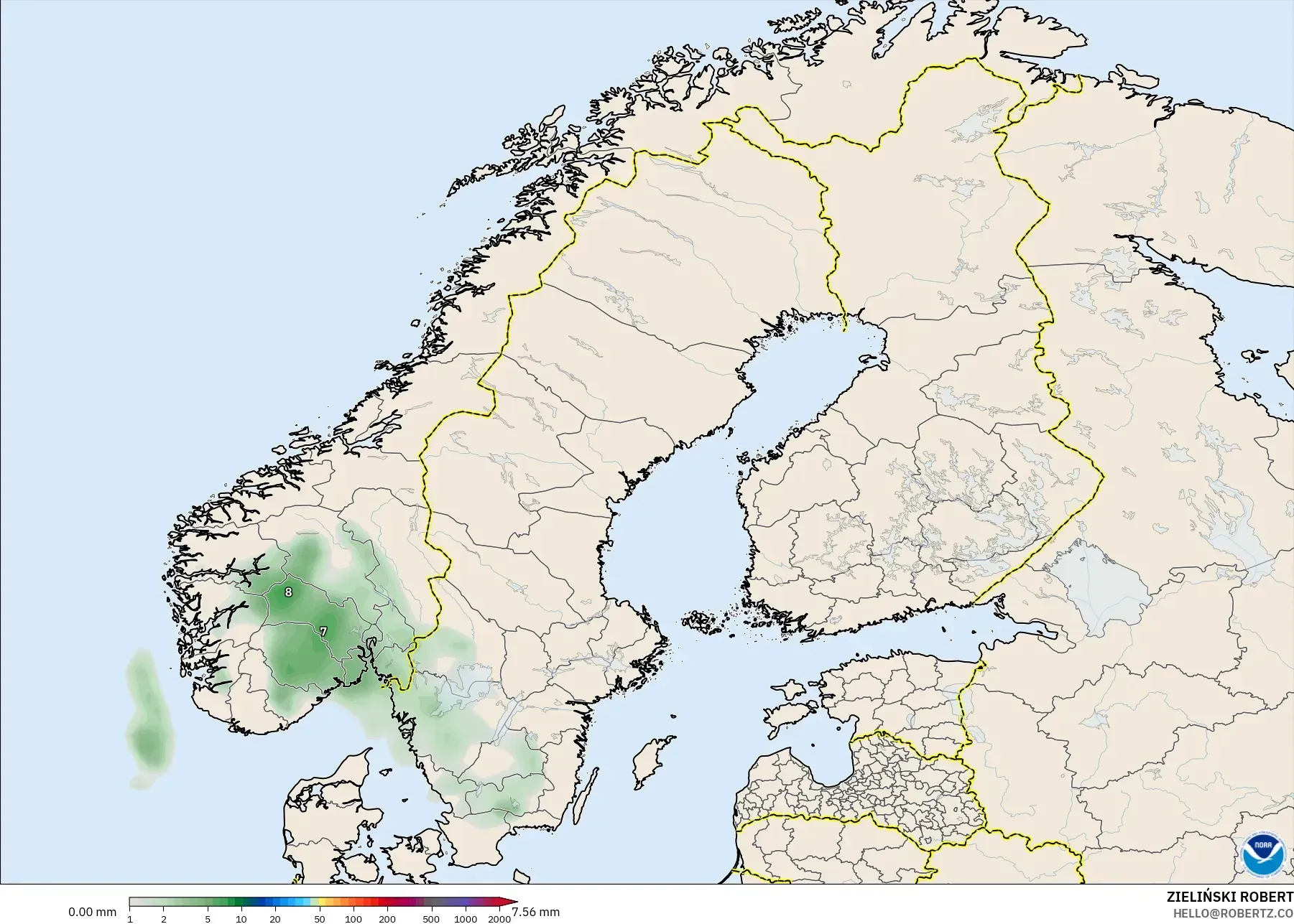 GFS modelo - Escandinavia, Acumulación de precipitación