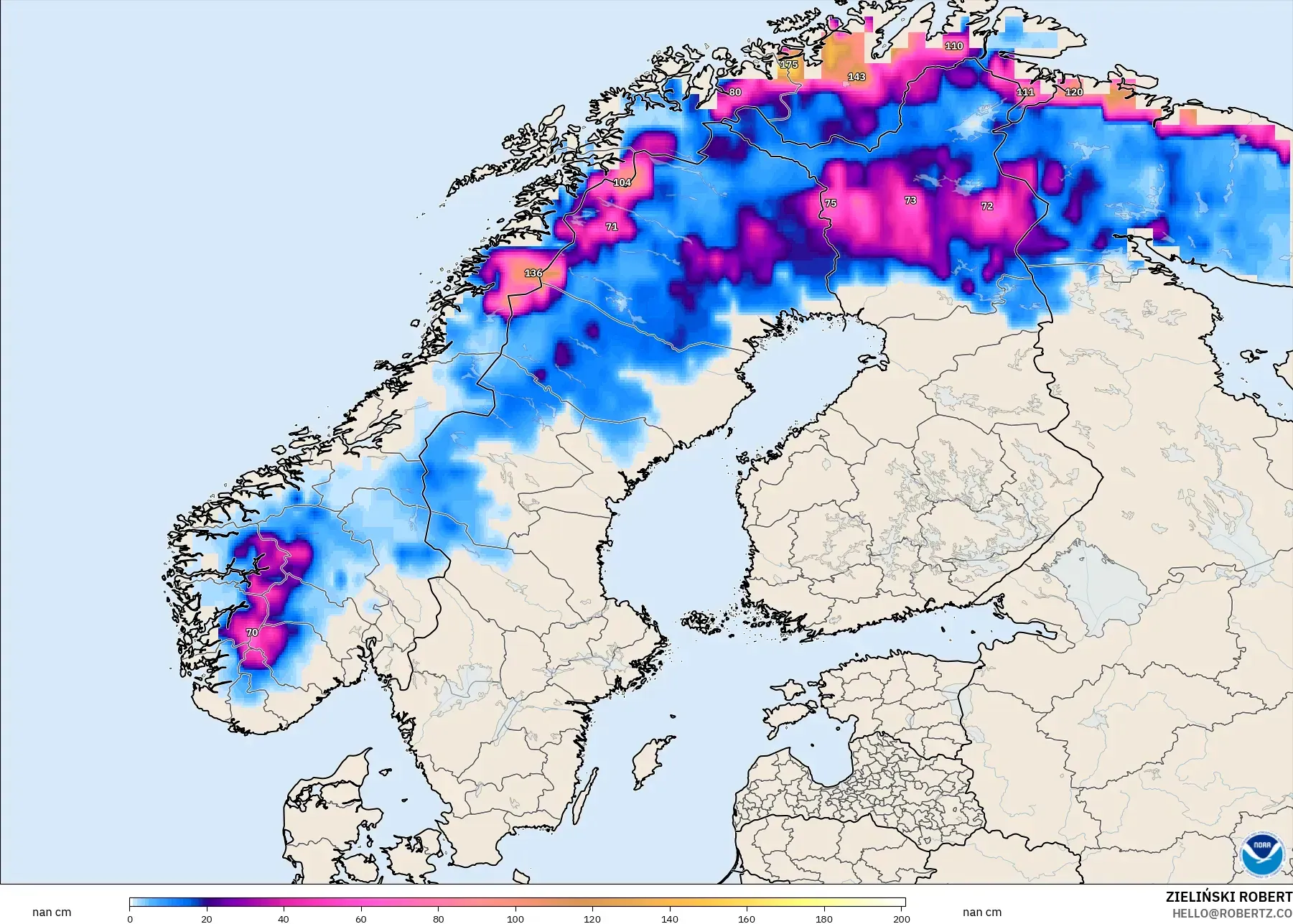GFS modelo - Escandinavia, Profundidad de nieve