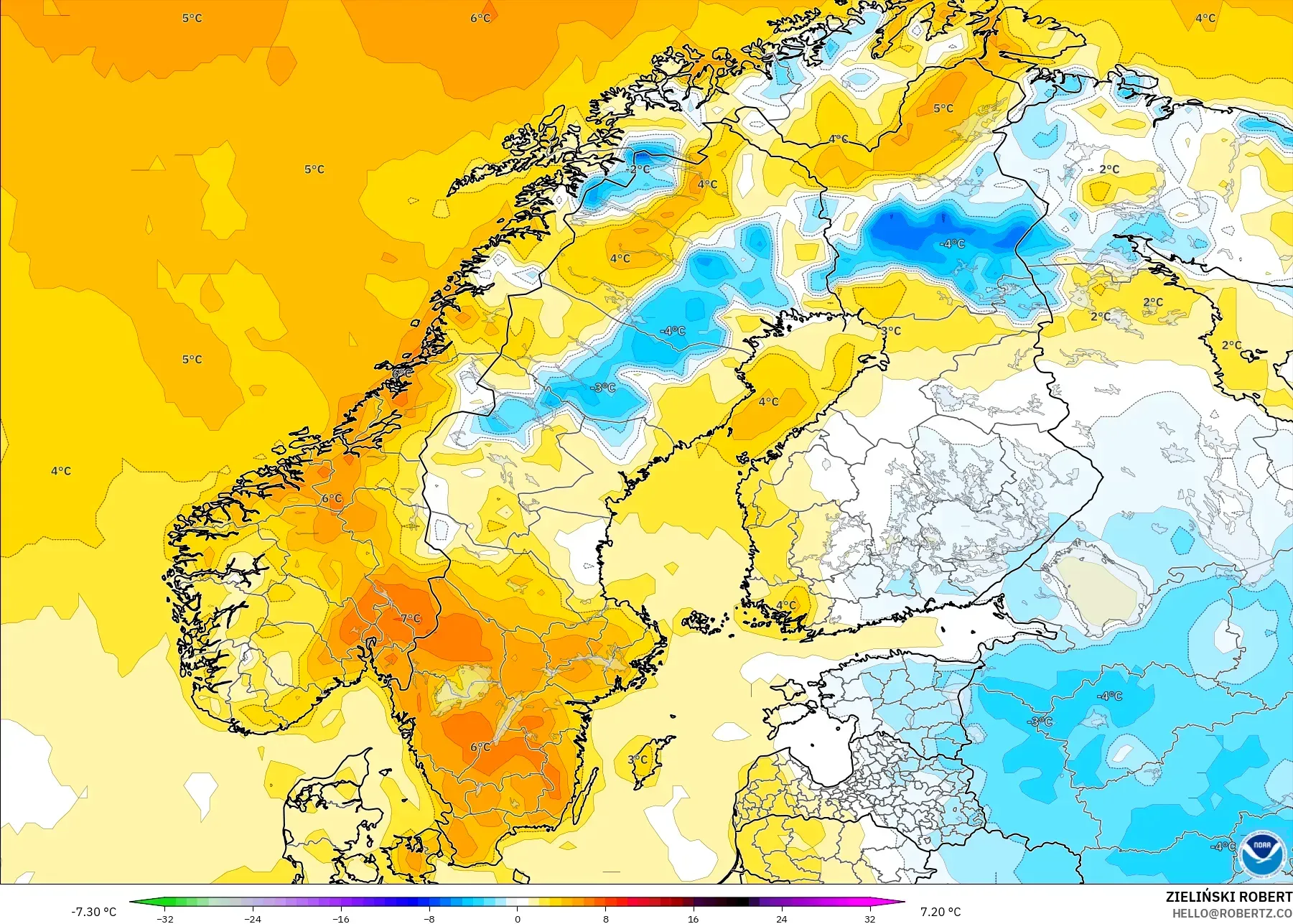 GFS modelo - Escandinavia, Anomalía de temperatura a 2 m