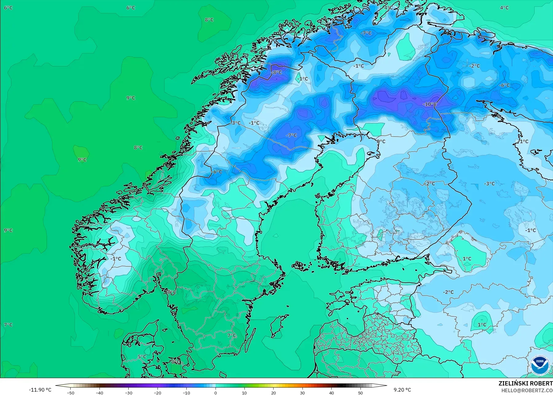 GFS modelo - Escandinavia, Temperatura a 2 m