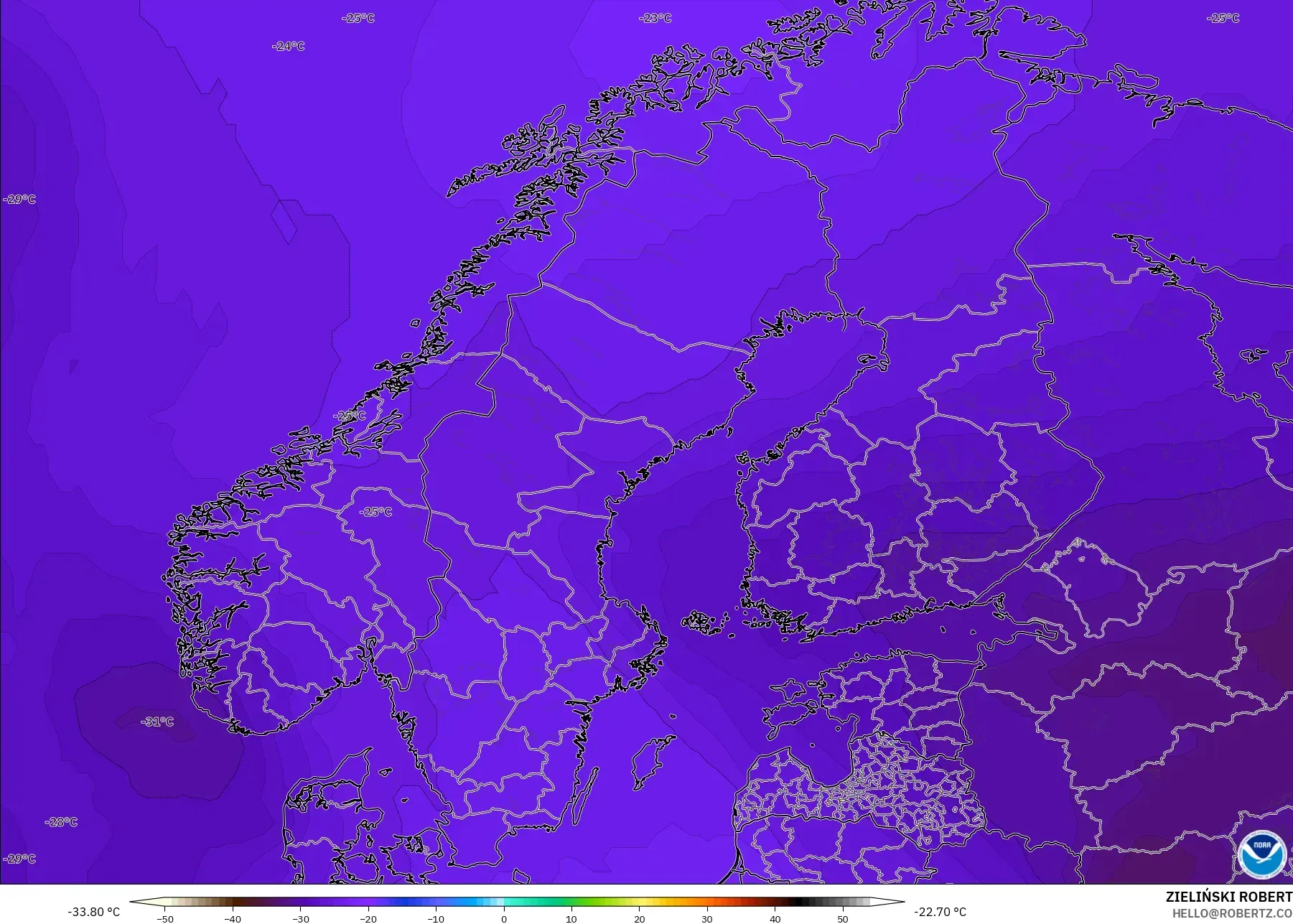 GFS modelo - Escandinavia, Temperatura a 500 hPa