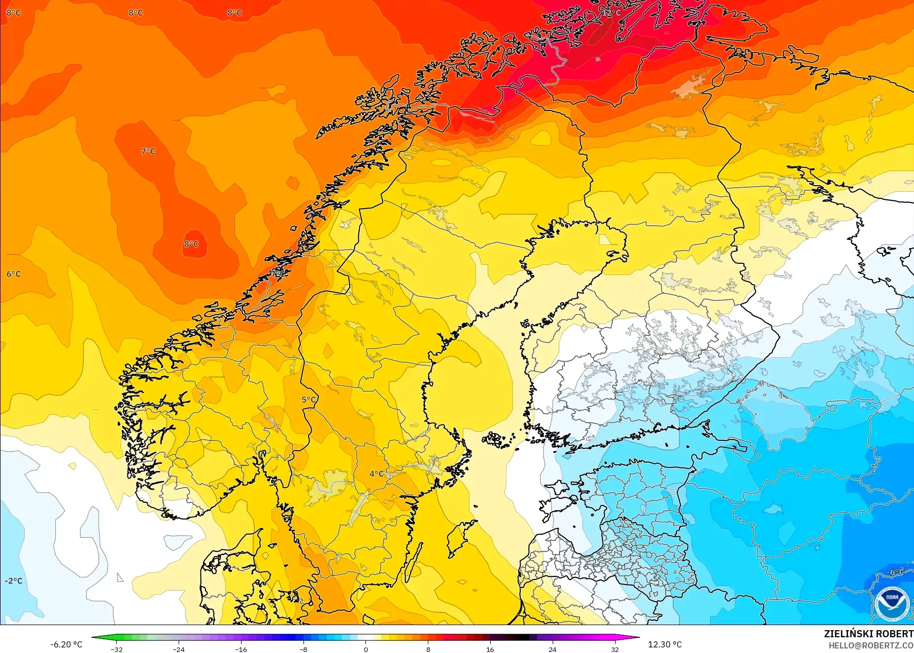GFS modelo - Escandinavia, Anomalía de temperatura a 850 hPa