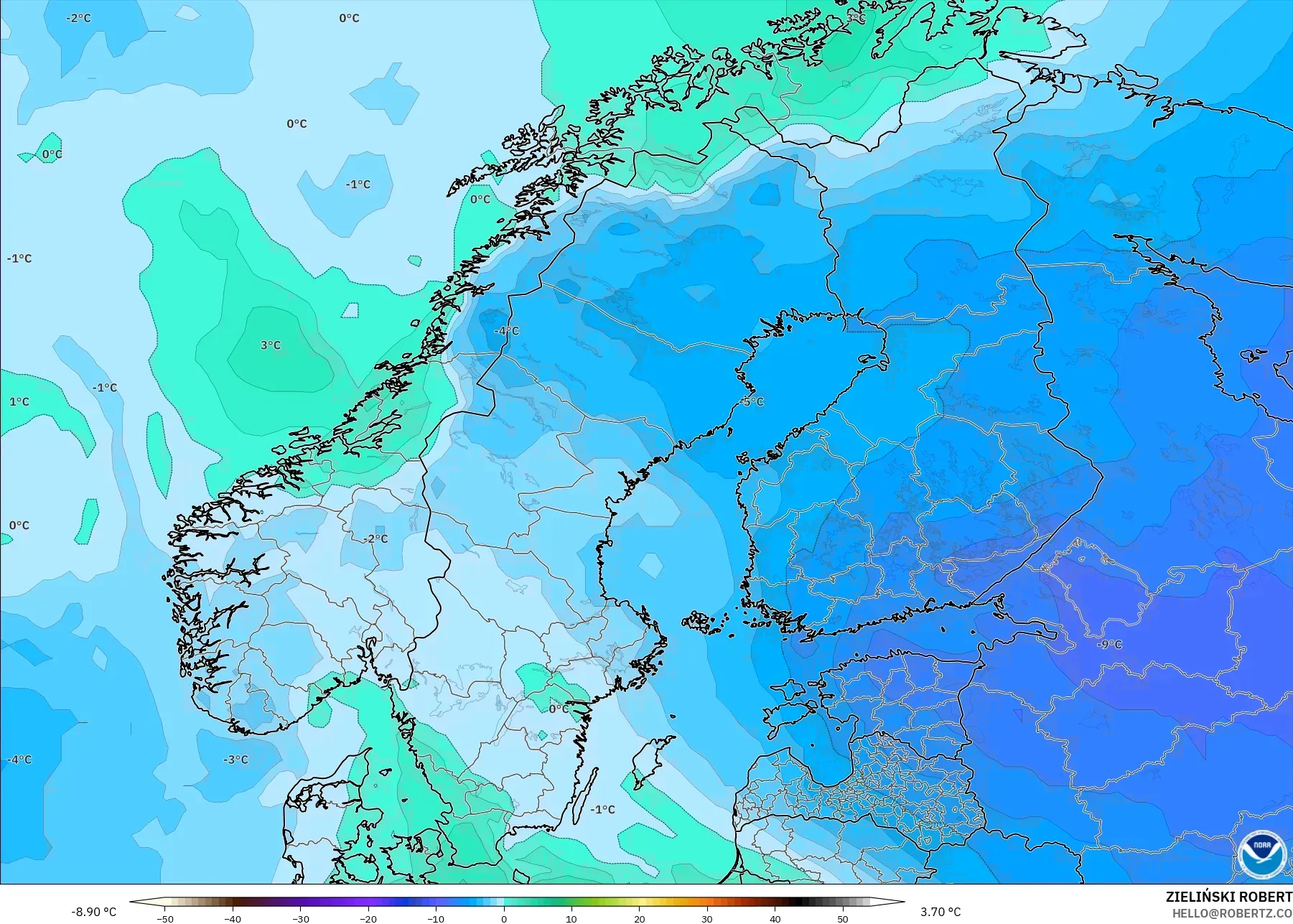 GFS modelo - Escandinavia, Temperatura a 850 hPa
