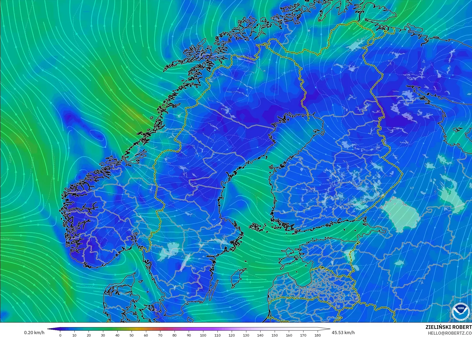 GFS modelo - Escandinavia, Viento a 10 m