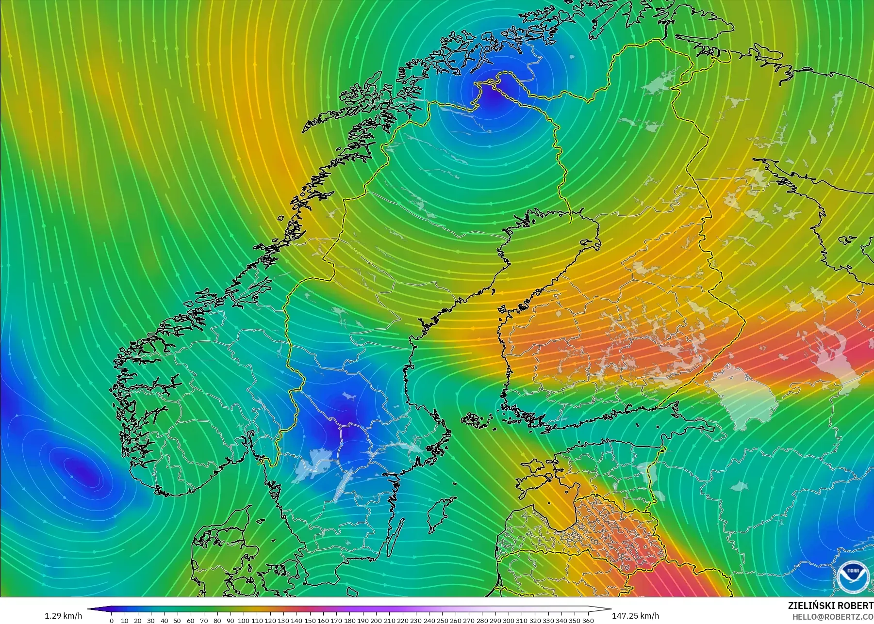 GFS modelo - Escandinavia, Viento a 300 hPa (corriente en chorro)