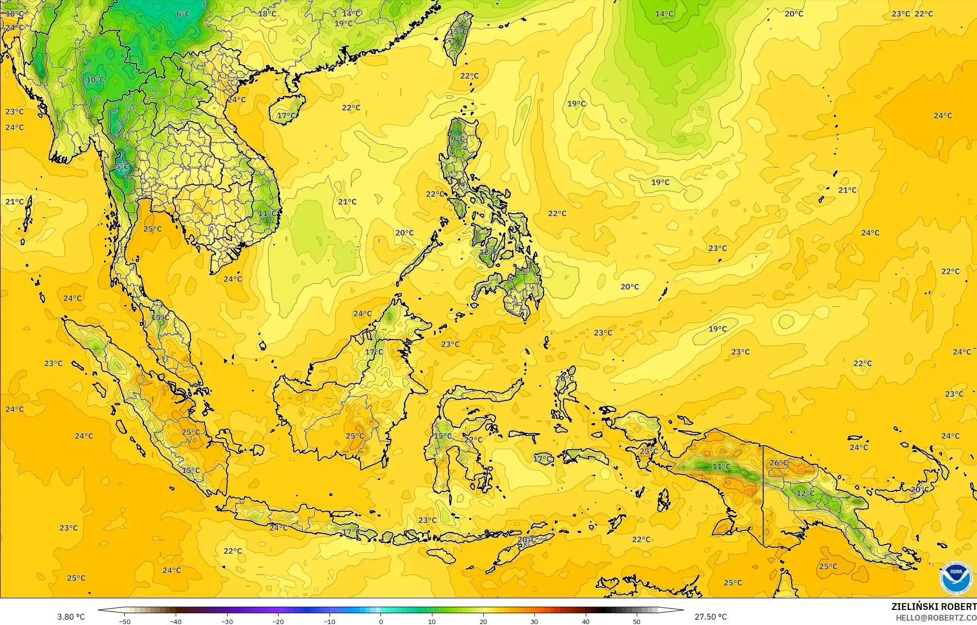 GFS modelo - Sudeste Asiático, Punto de rocío a 2 m