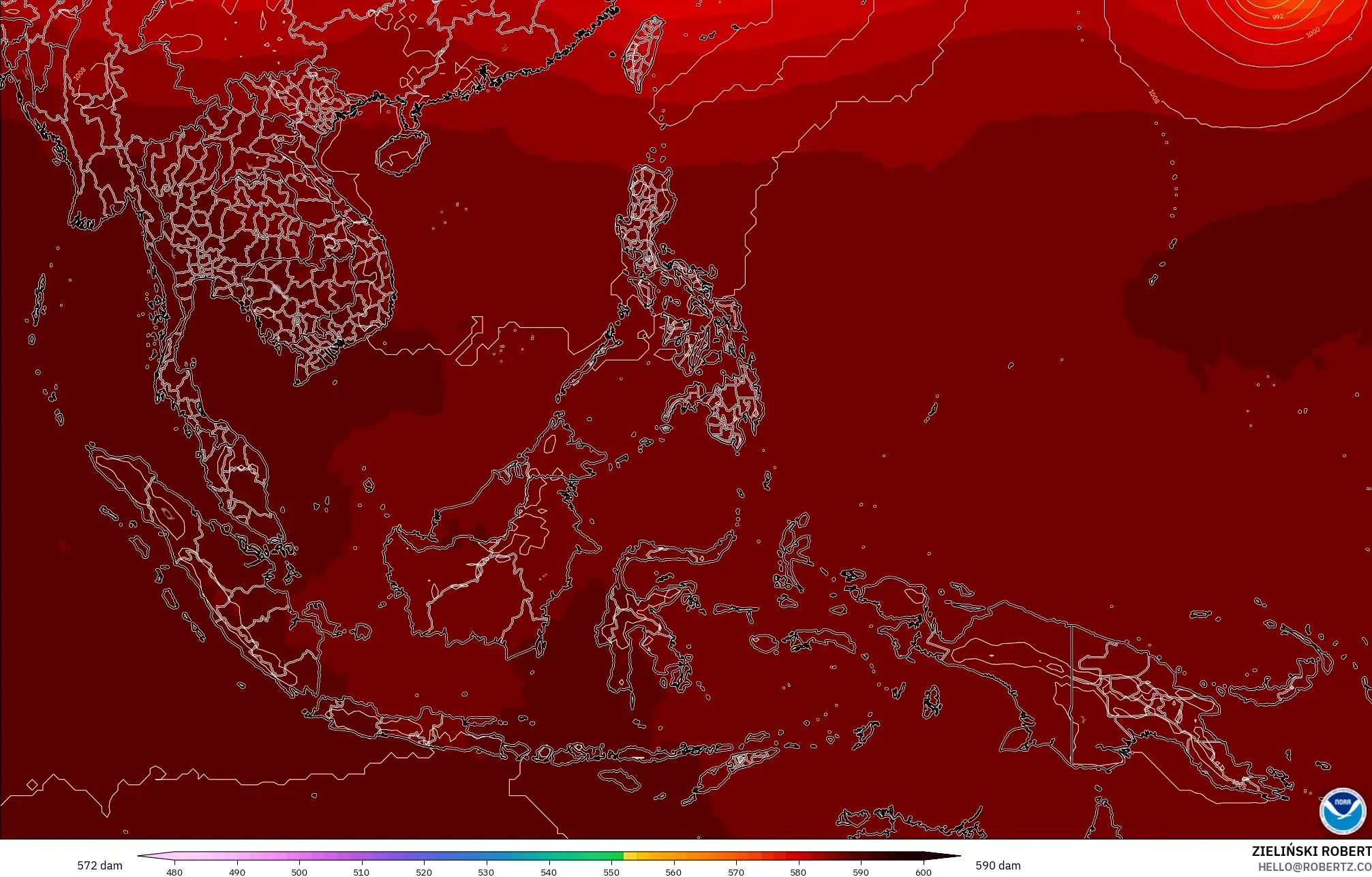 GFS modelo - Sudeste Asiático, Altura geopotencial a 500 hPa