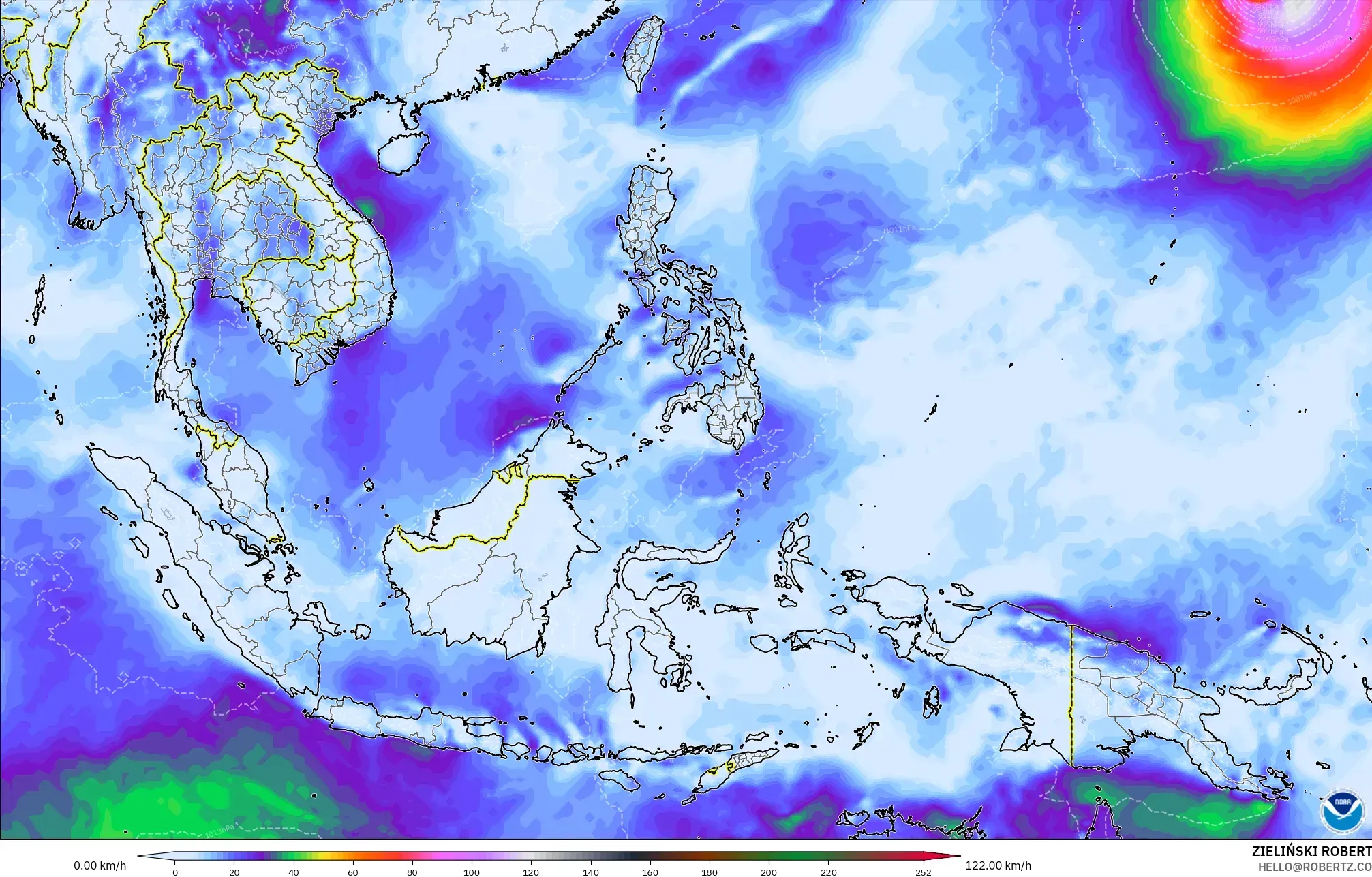 GFS modelo - Sudeste Asiático, Ráfagas de viento