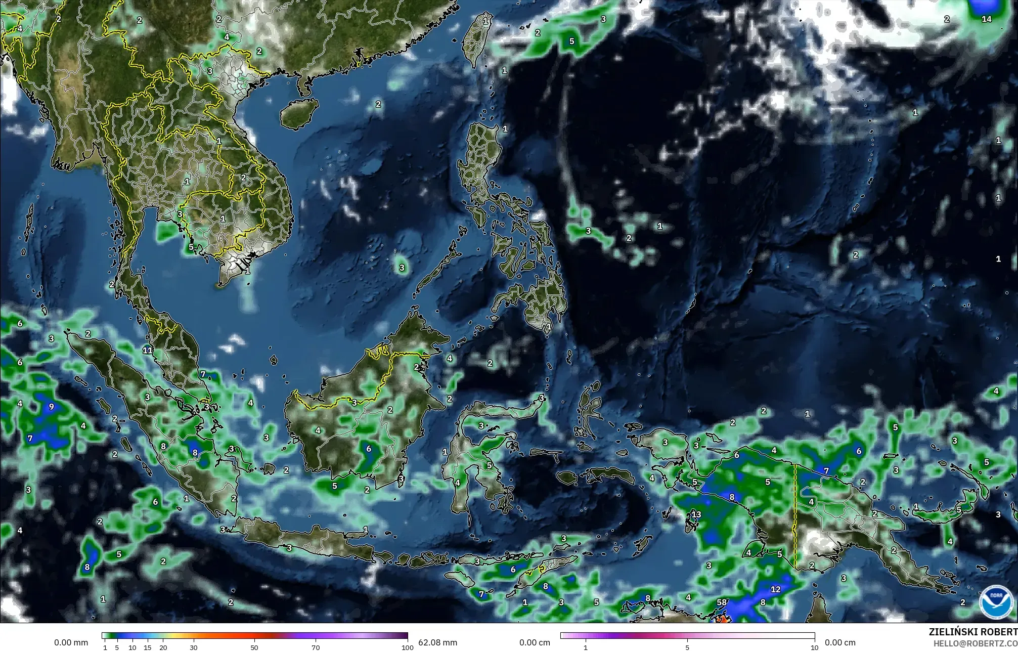 GFS modelo - Sudeste Asiático, Precipitación, nubes y presión