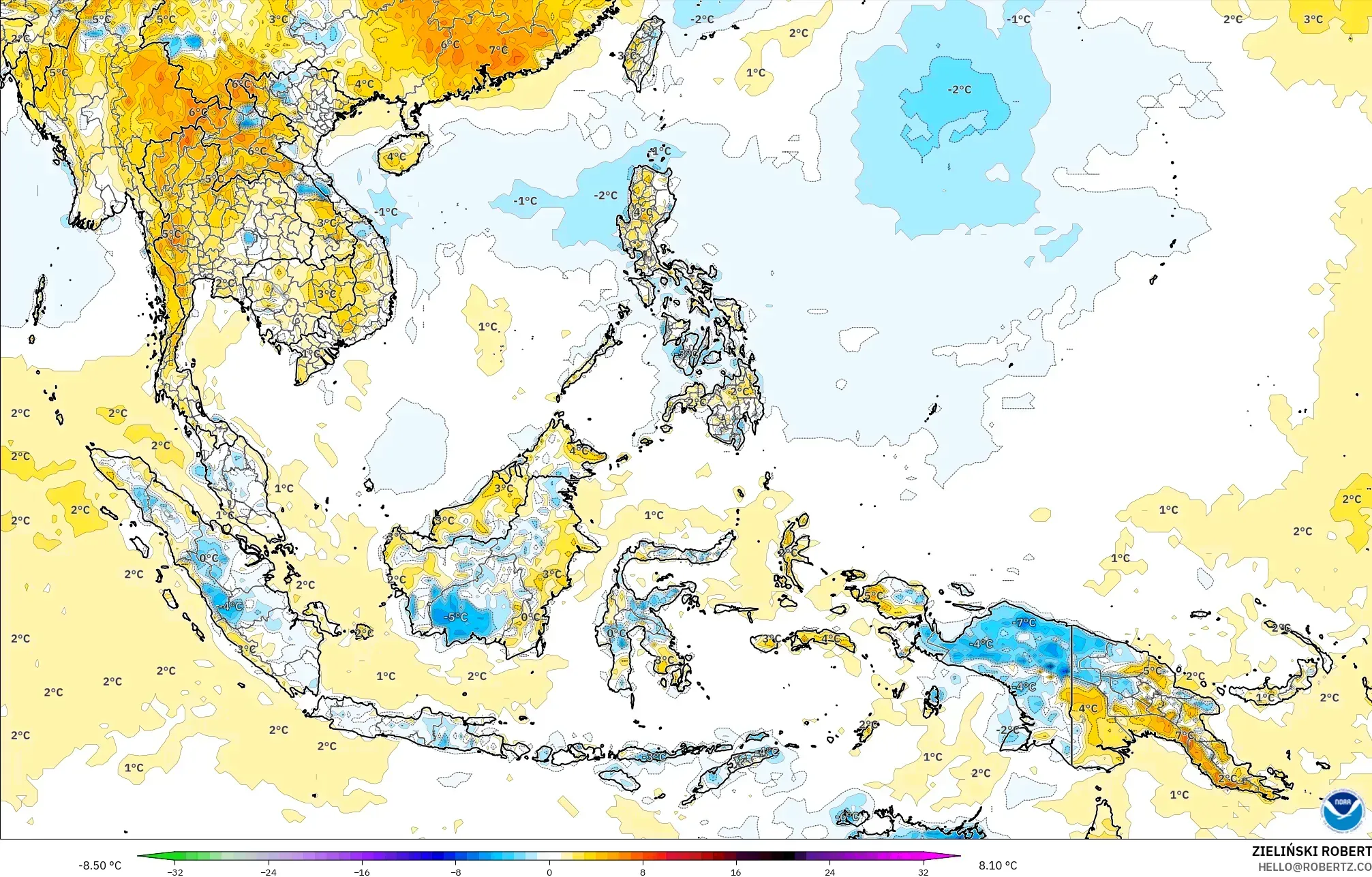GFS modelo - Sudeste Asiático, Anomalía de temperatura a 2 m