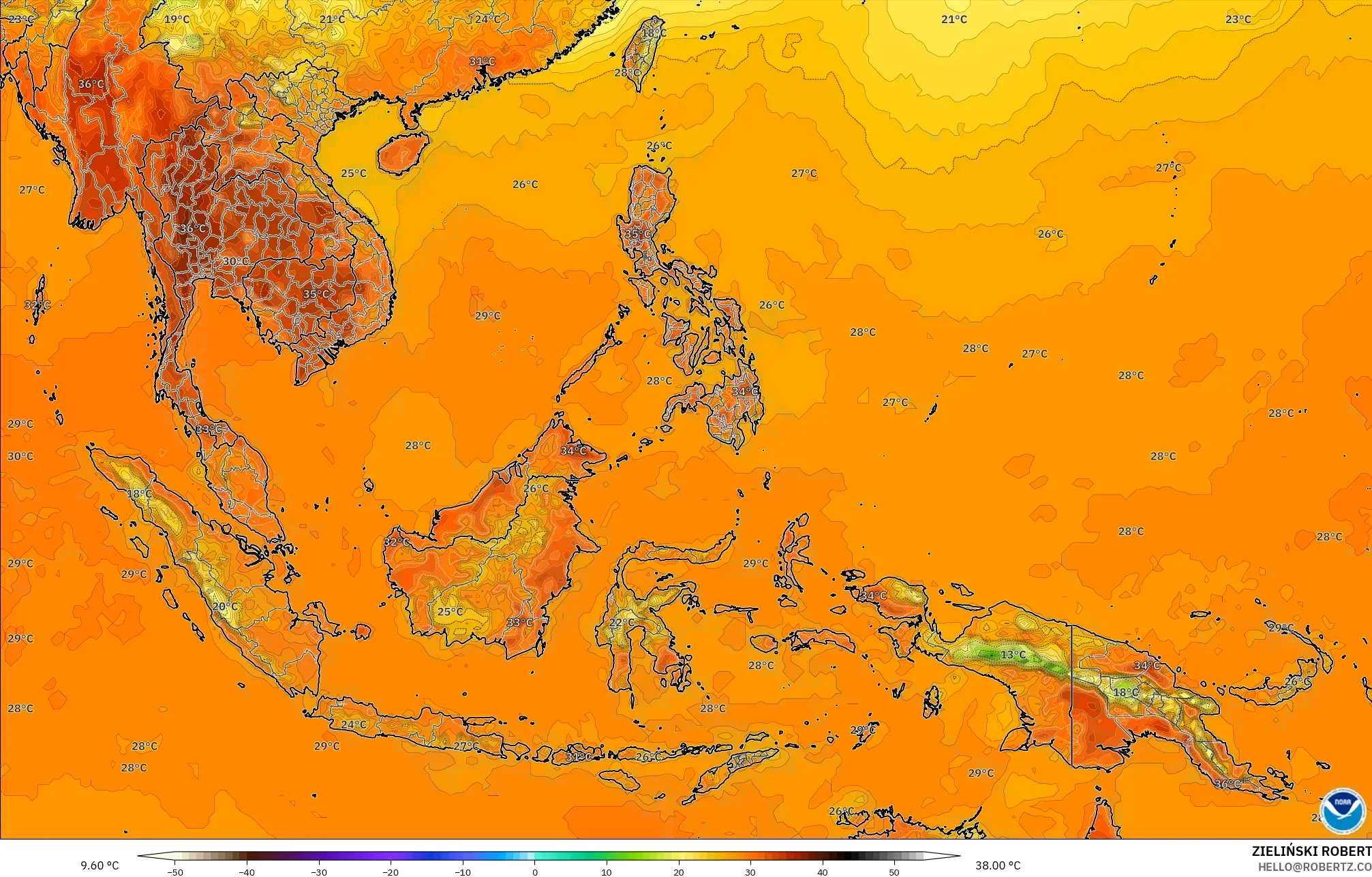 GFS modelo - Sudeste Asiático, Temperatura a 2 m