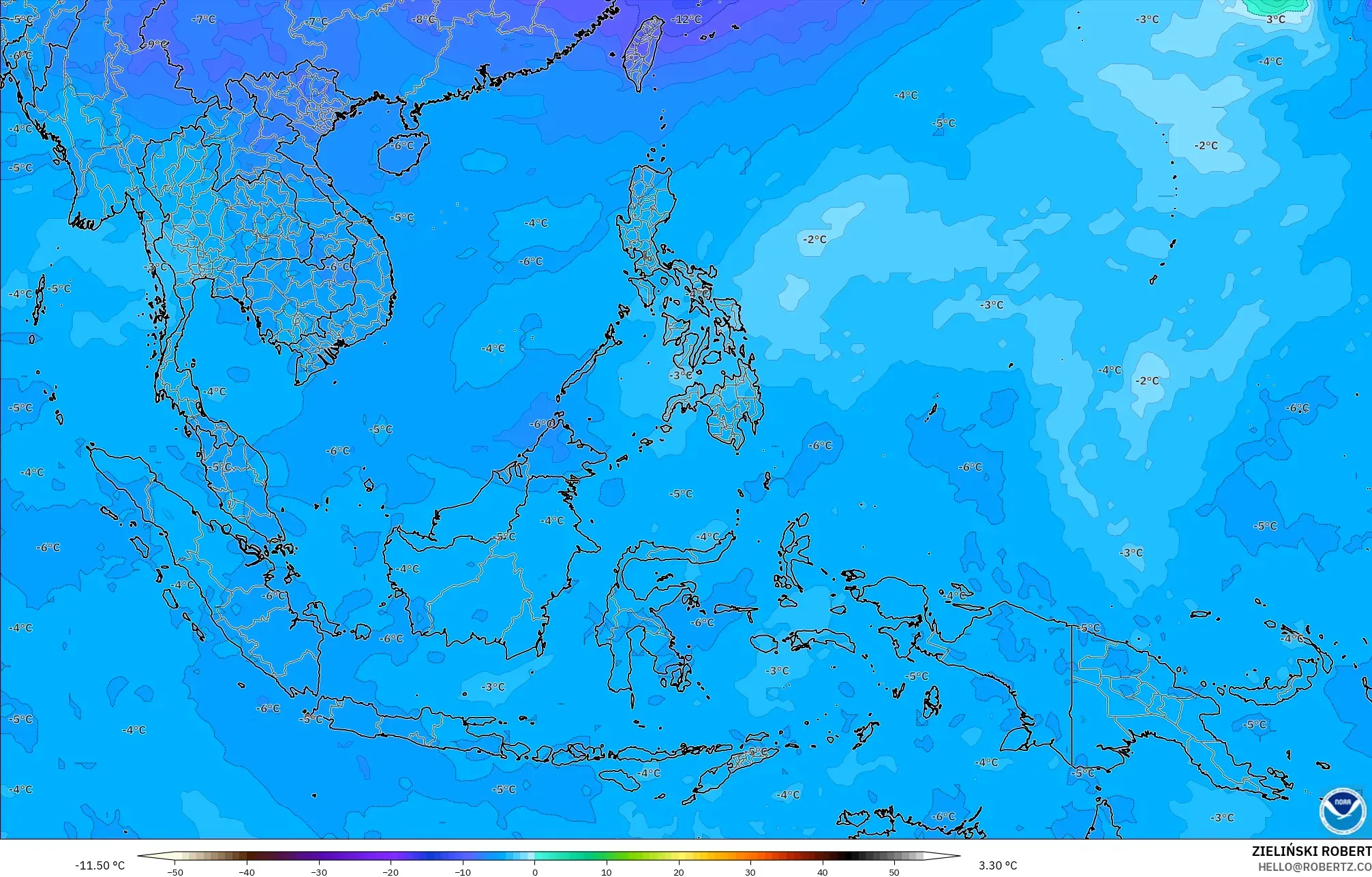 GFS modelo - Sudeste Asiático, Temperatura a 500 hPa