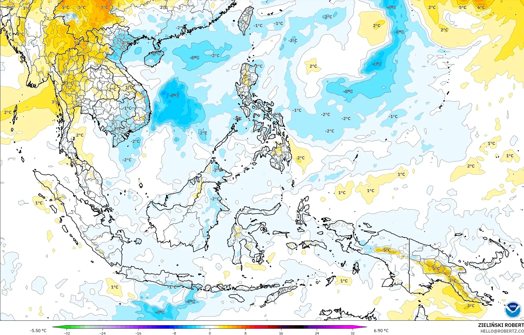 GFS modelo - Sudeste Asiático, Anomalía de temperatura a 850 hPa