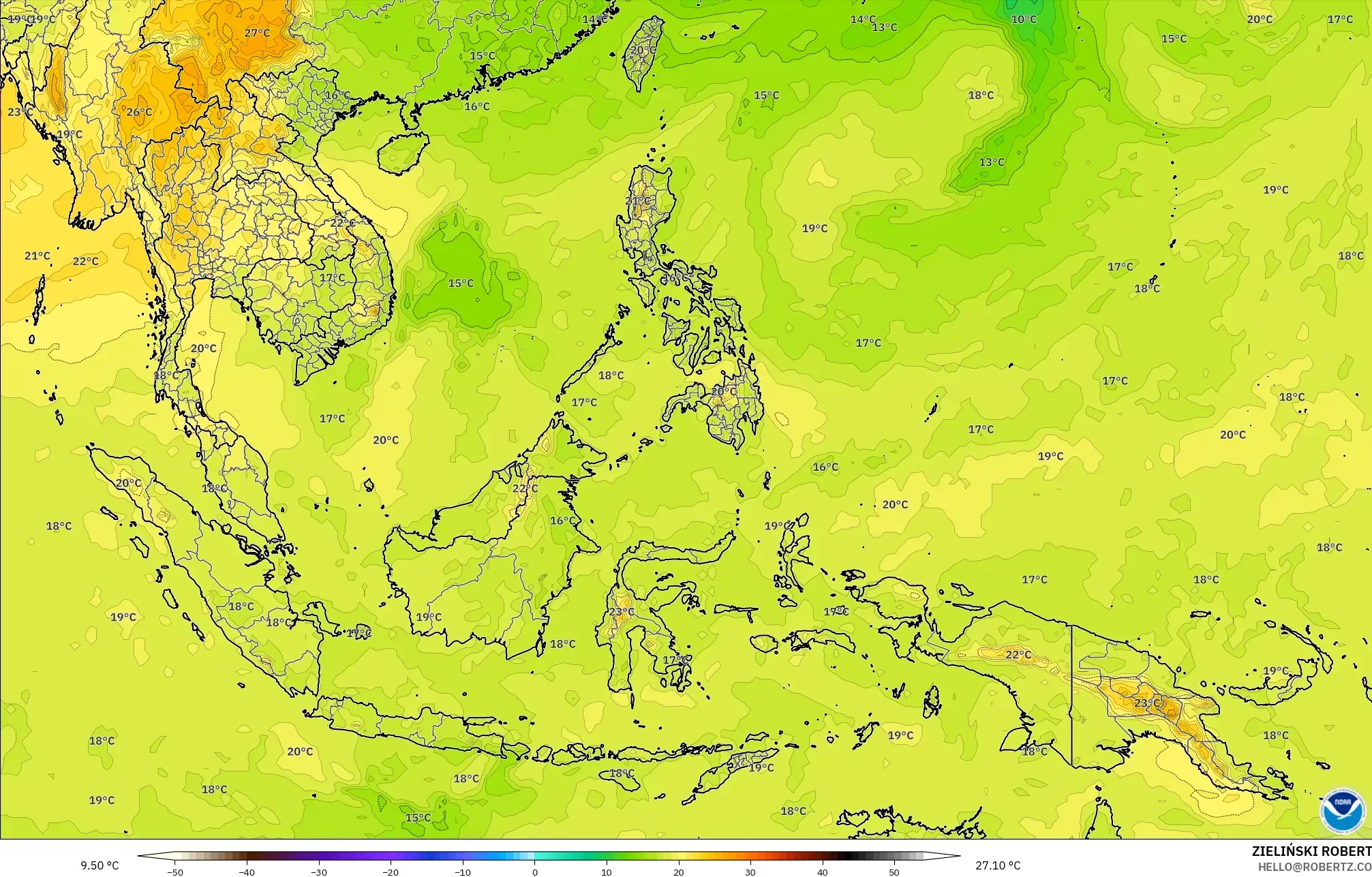 GFS modelo - Sudeste Asiático, Temperatura a 850 hPa