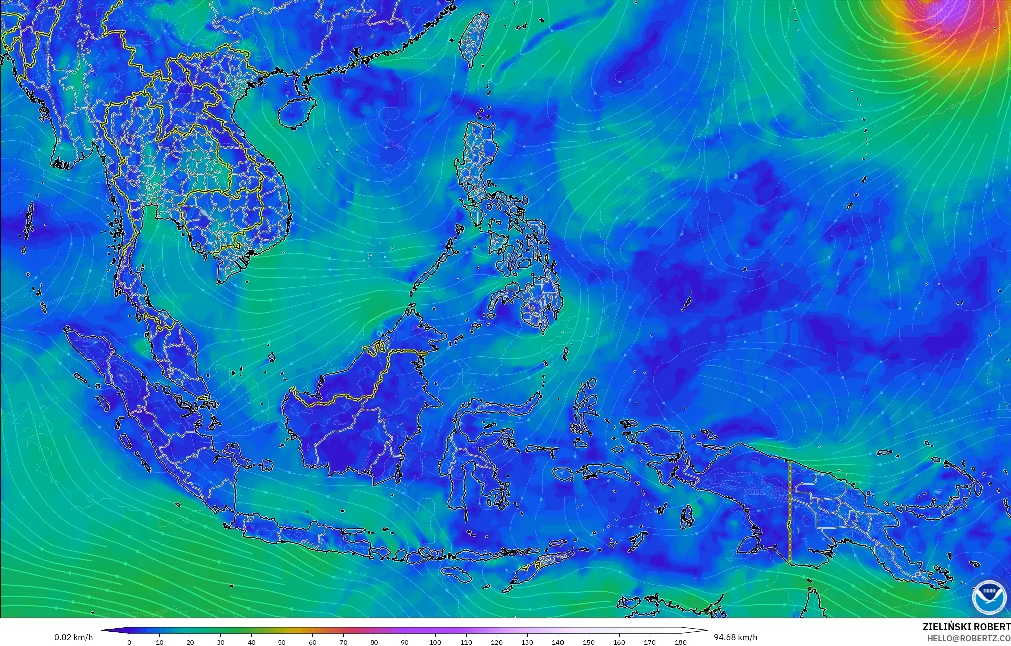 GFS modelo - Sudeste Asiático, Viento a 10 m