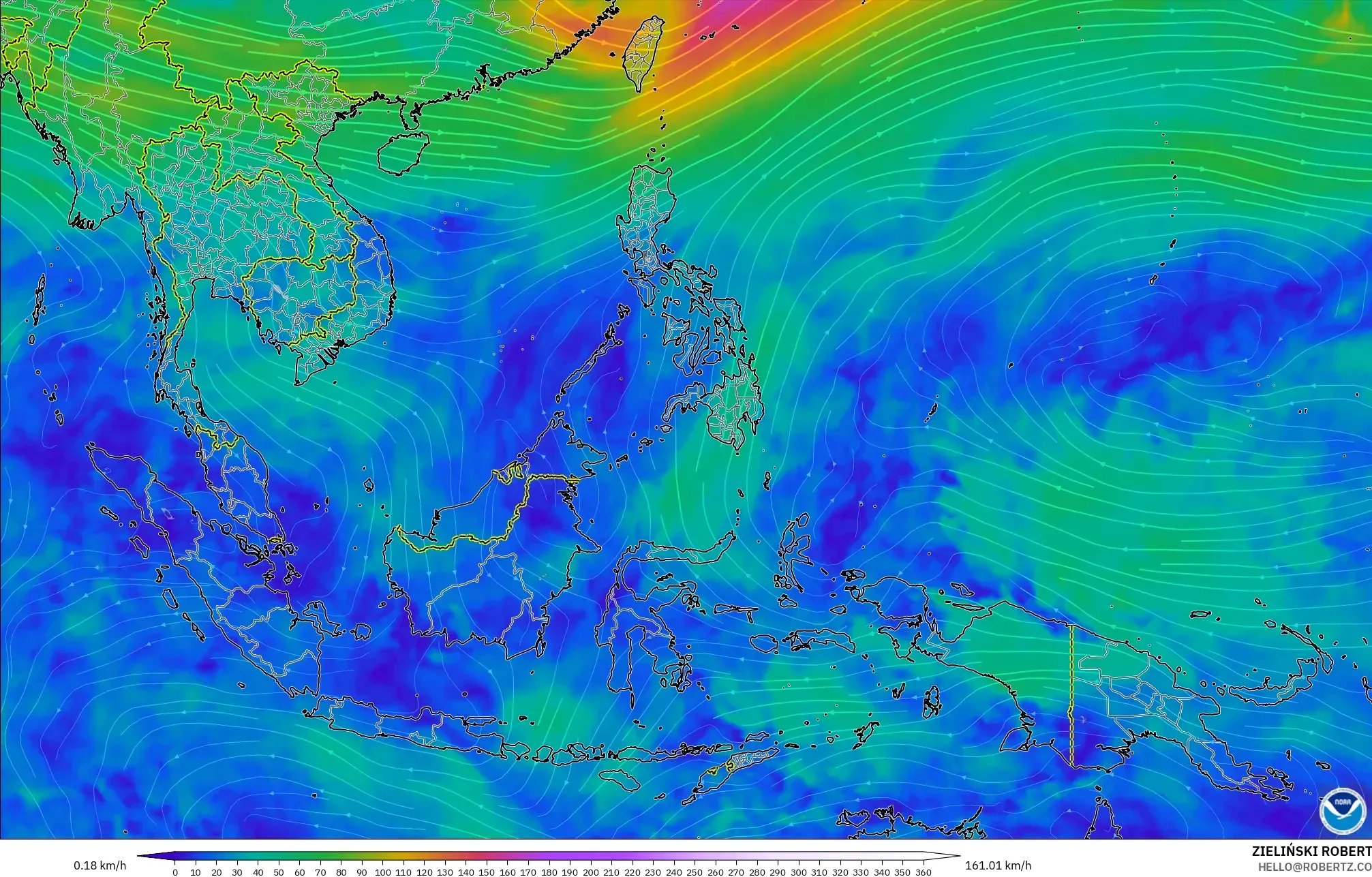 GFS modelo - Sudeste Asiático, Viento a 300 hPa (corriente en chorro)