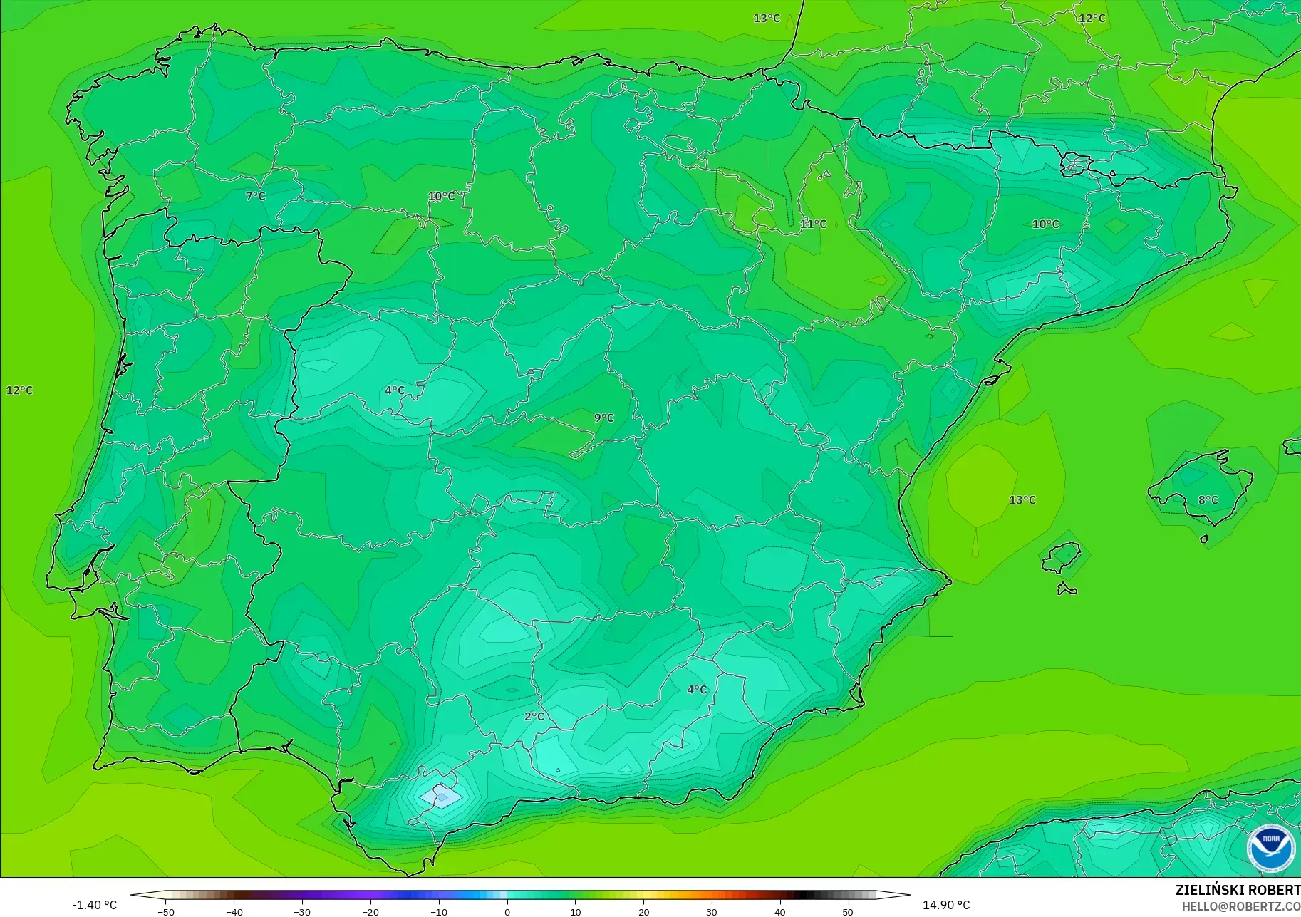 GFS modelo - España, Punto de rocío a 2 m
