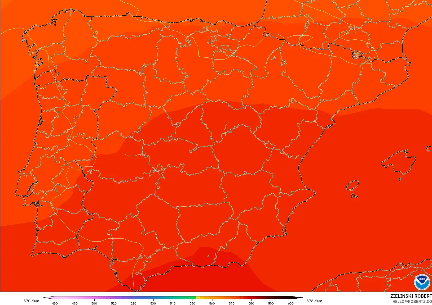 GFS modelo - España, Altura geopotencial a 500 hPa