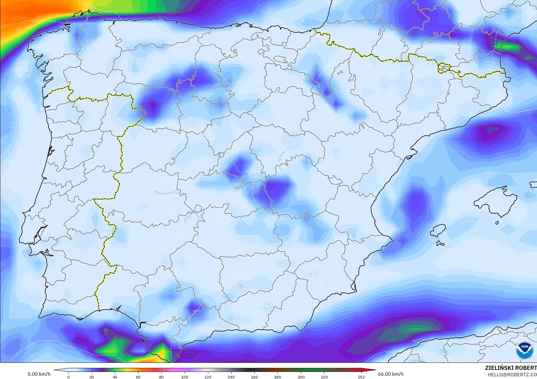 GFS modelo - España, Ráfagas de viento