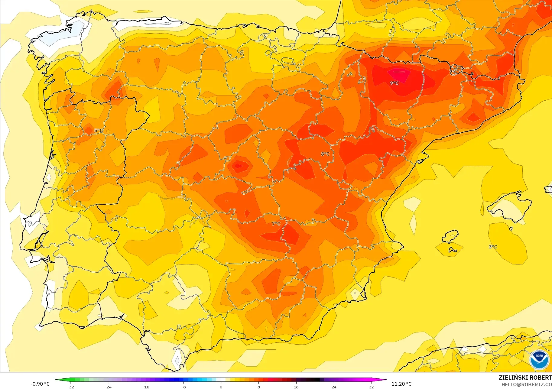 GFS modelo - España, Anomalía de temperatura a 2 m
