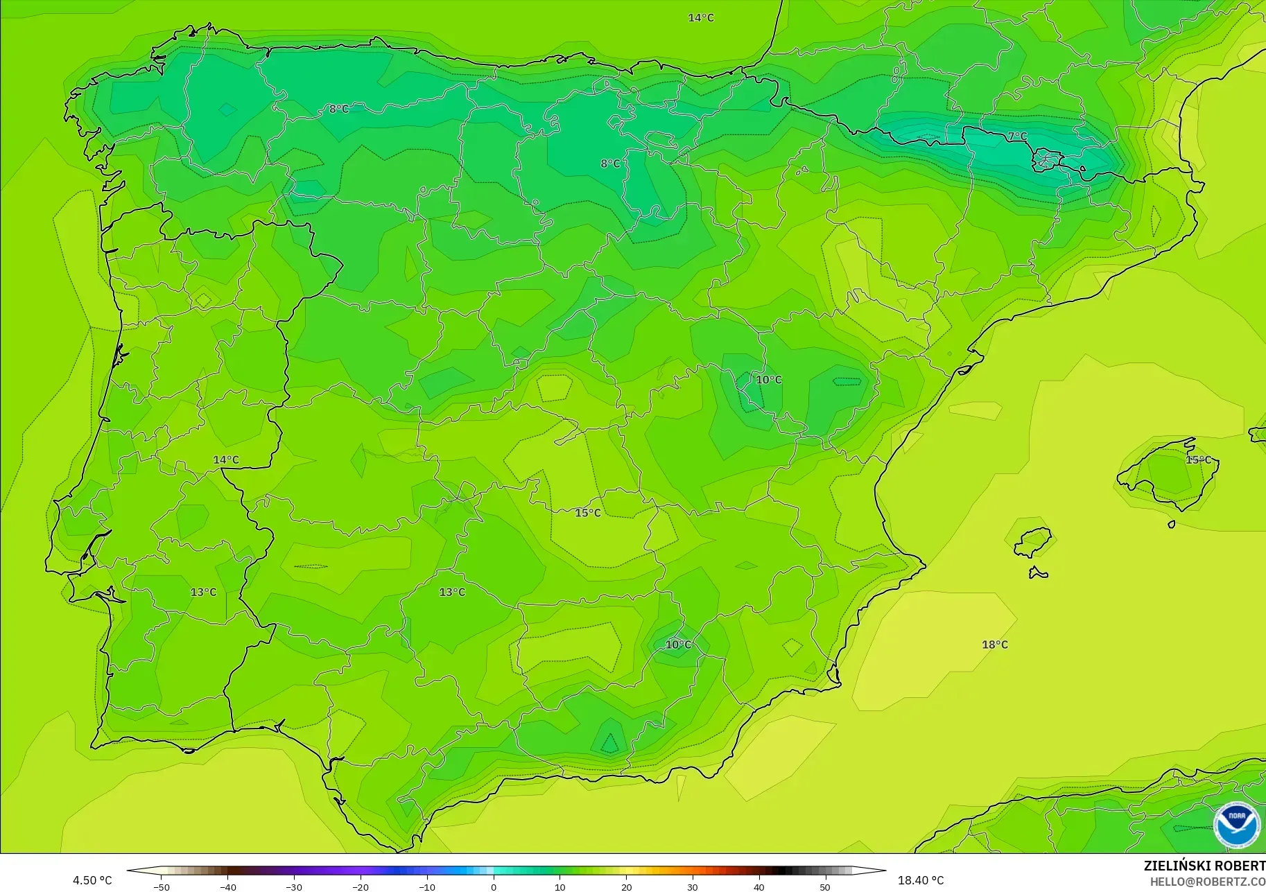 GFS modelo - España, Temperatura a 2 m