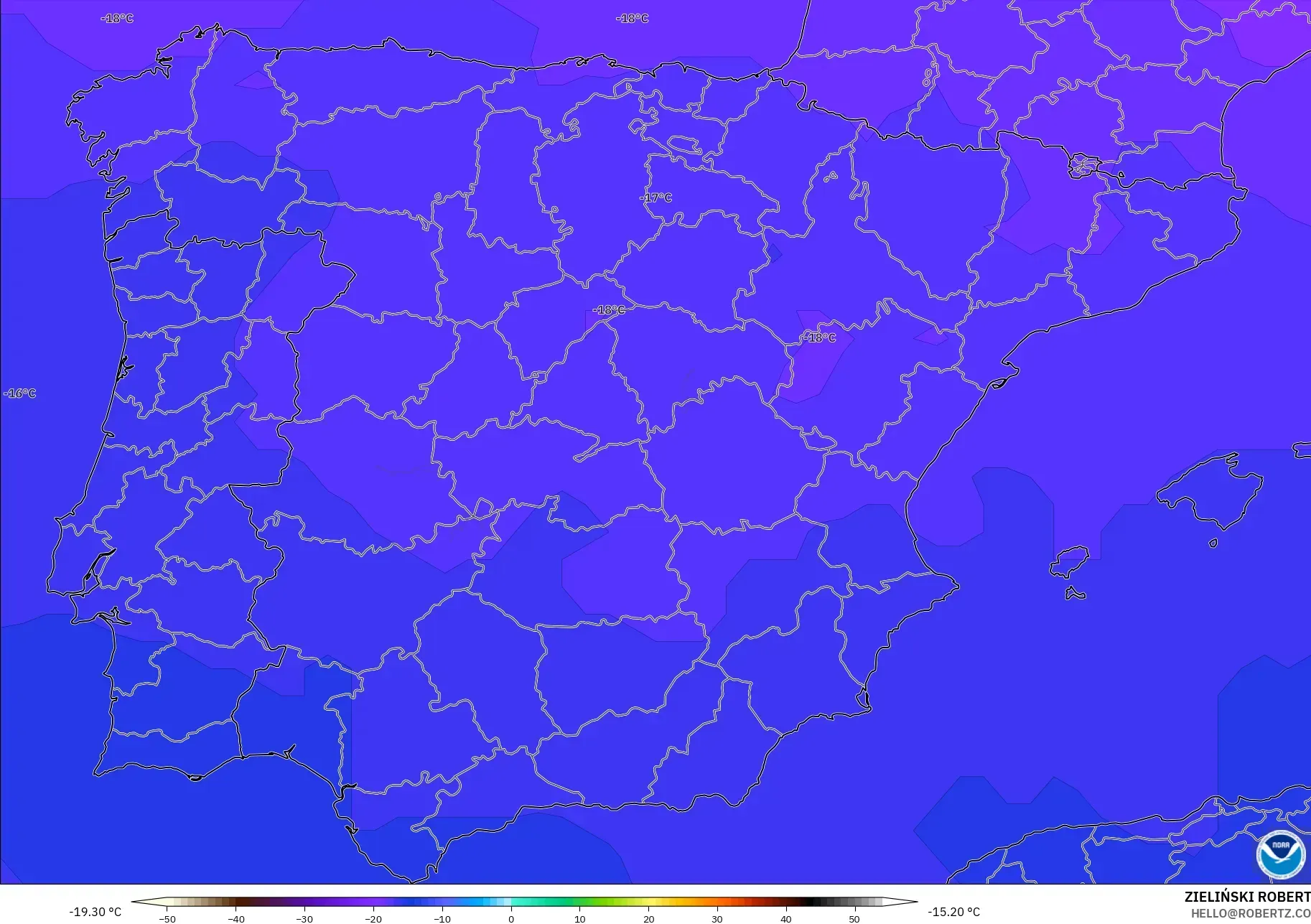 GFS modelo - España, Temperatura a 500 hPa