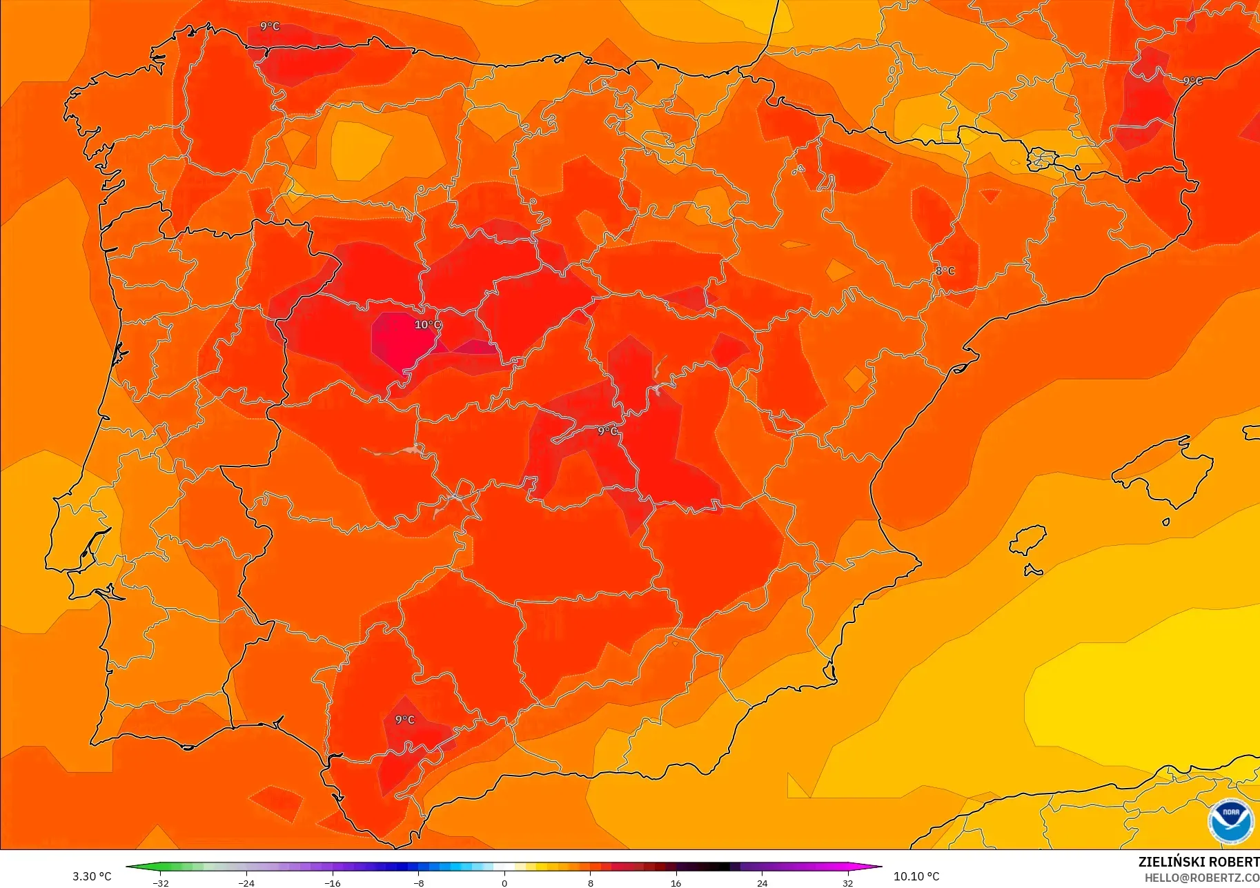 GFS modelo - España, Anomalía de temperatura a 850 hPa