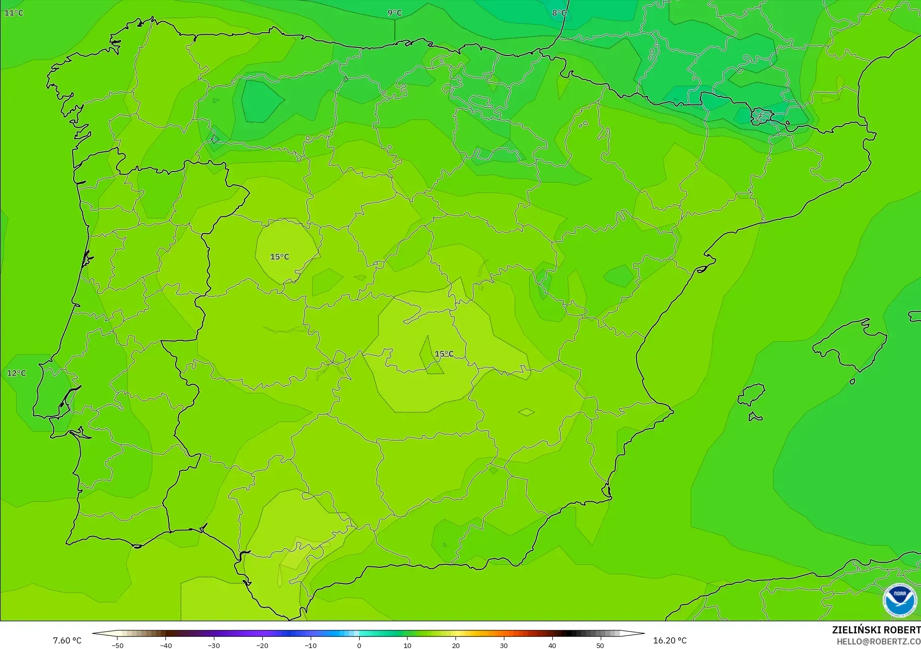 GFS modelo - España, Temperatura a 850 hPa