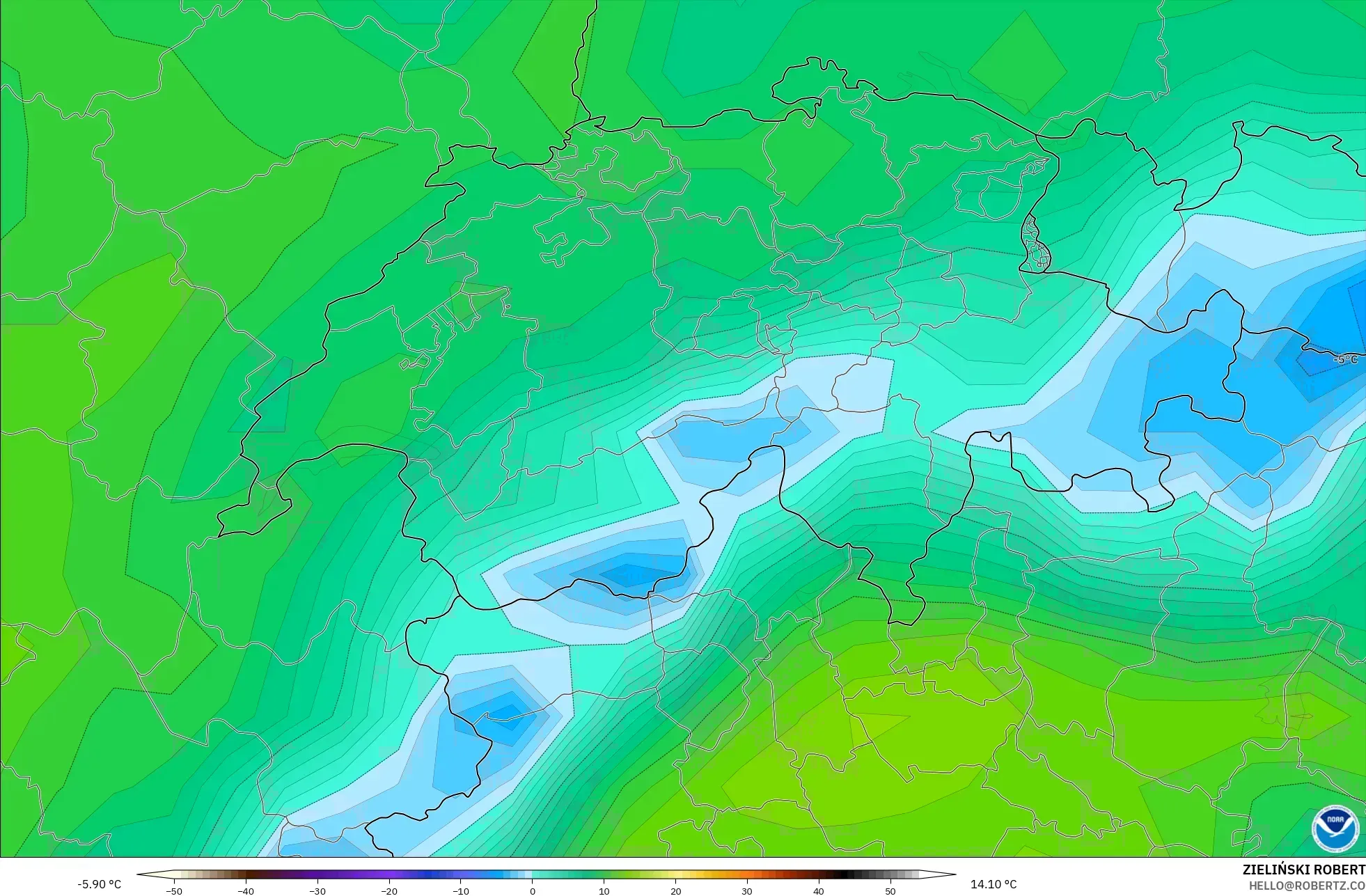 GFS modelo - Suiza, Punto de rocío a 2 m