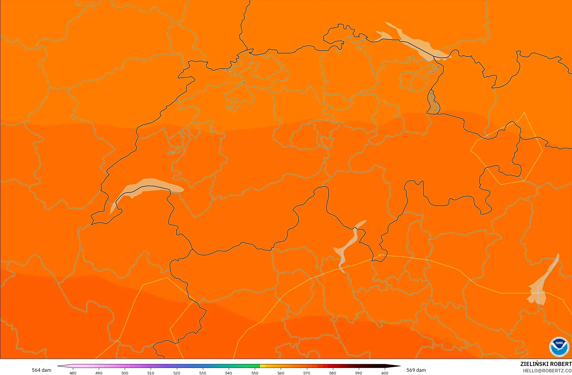 GFS modelo - Suiza, Altura geopotencial a 500 hPa