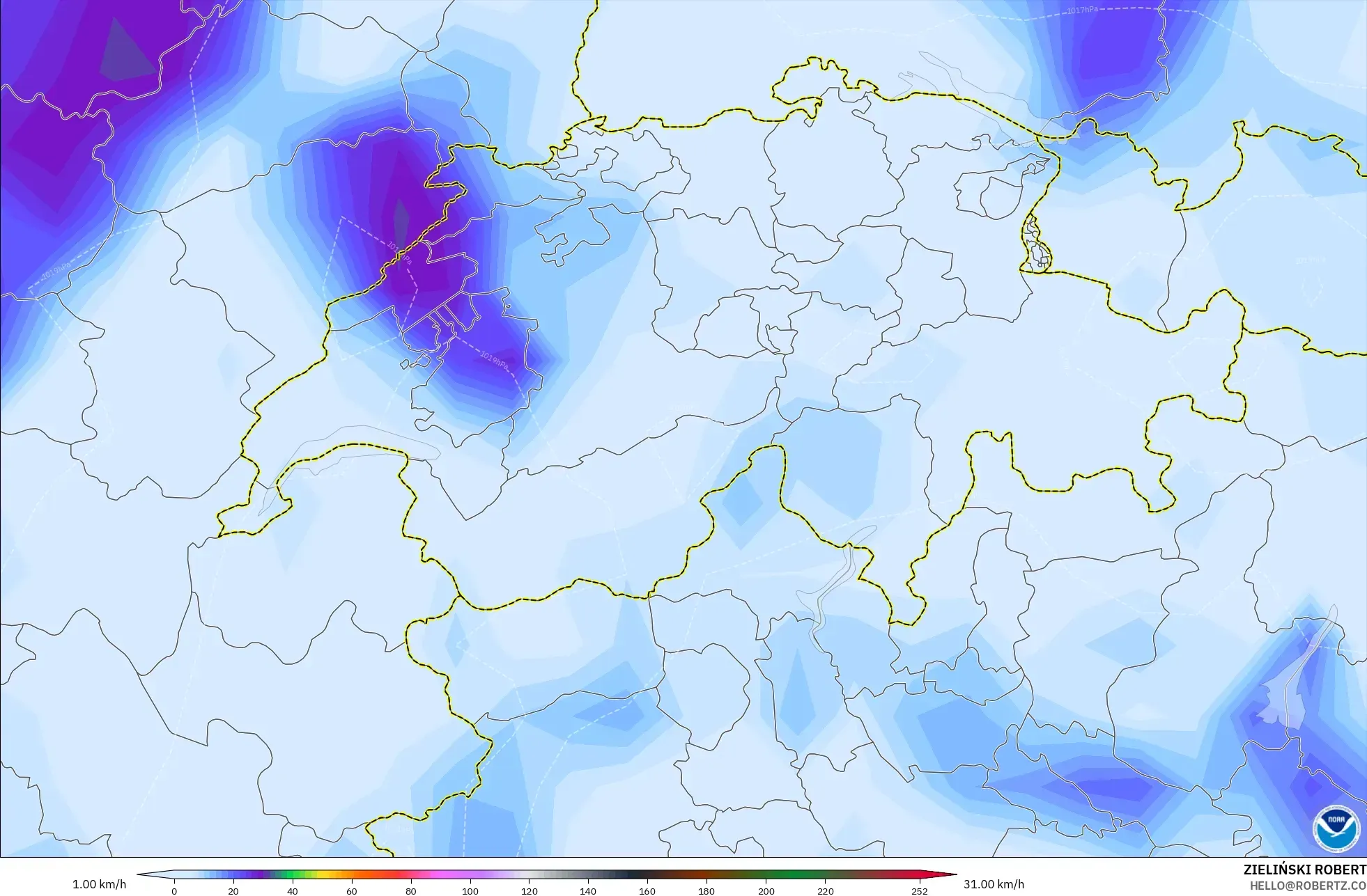 GFS modelo - Suiza, Ráfagas de viento
