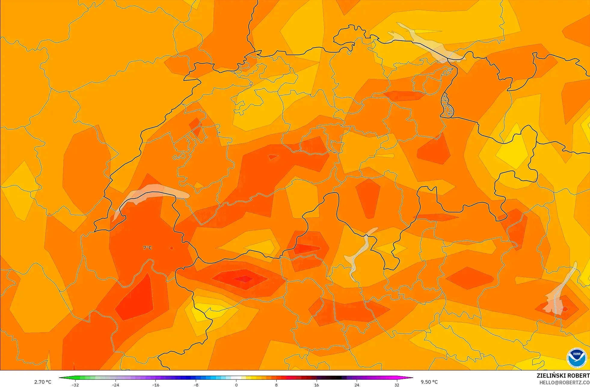 GFS modelo - Suiza, Anomalía de temperatura a 2 m