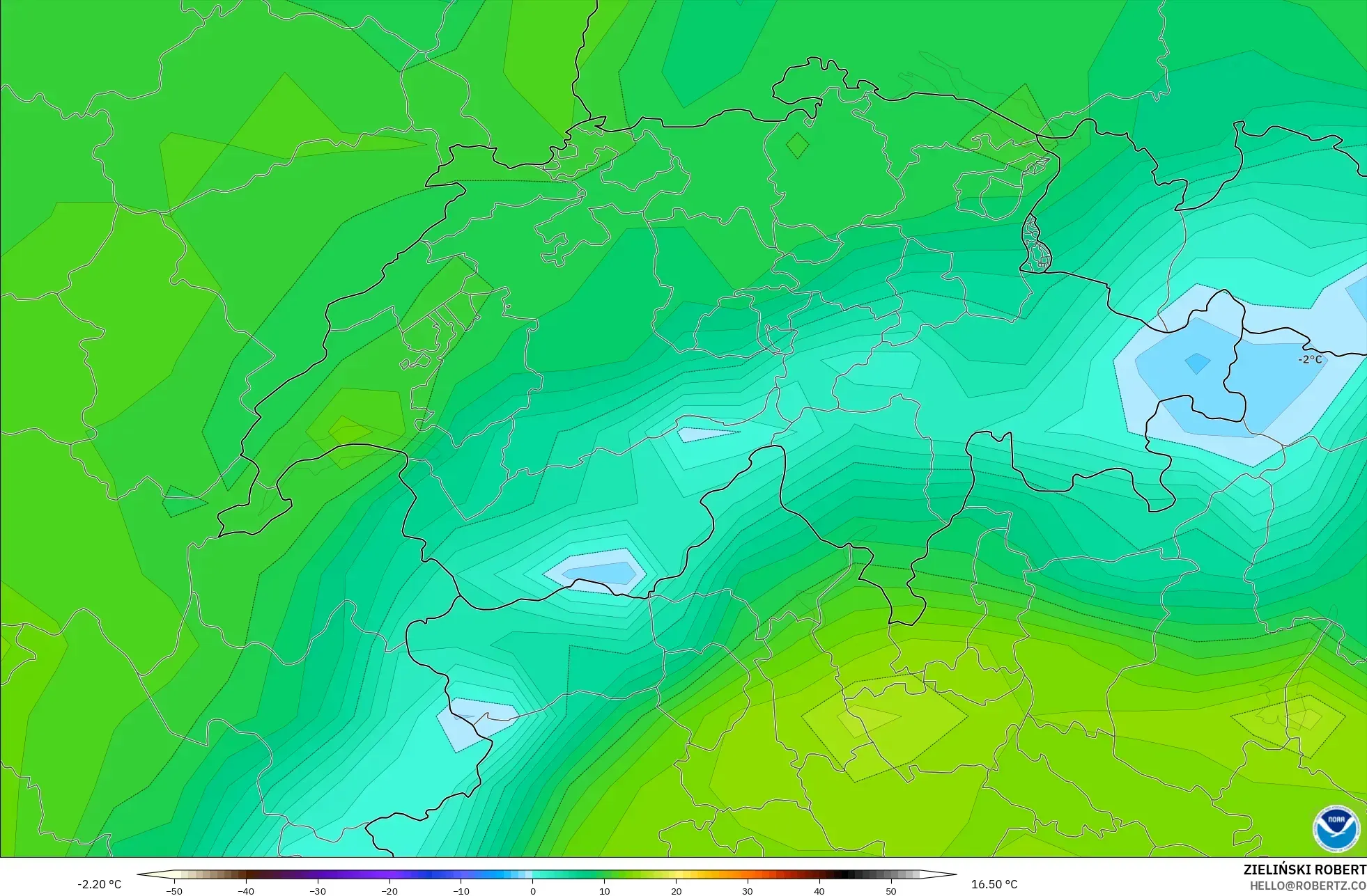 GFS modelo - Suiza, Temperatura a 2 m