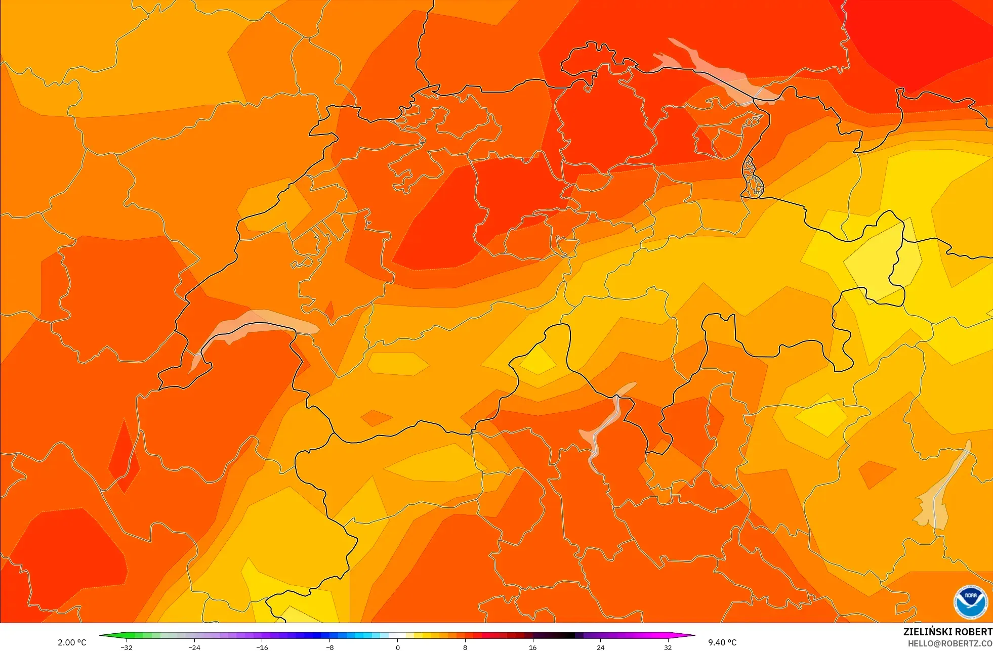 GFS modelo - Suiza, Anomalía de temperatura a 850 hPa