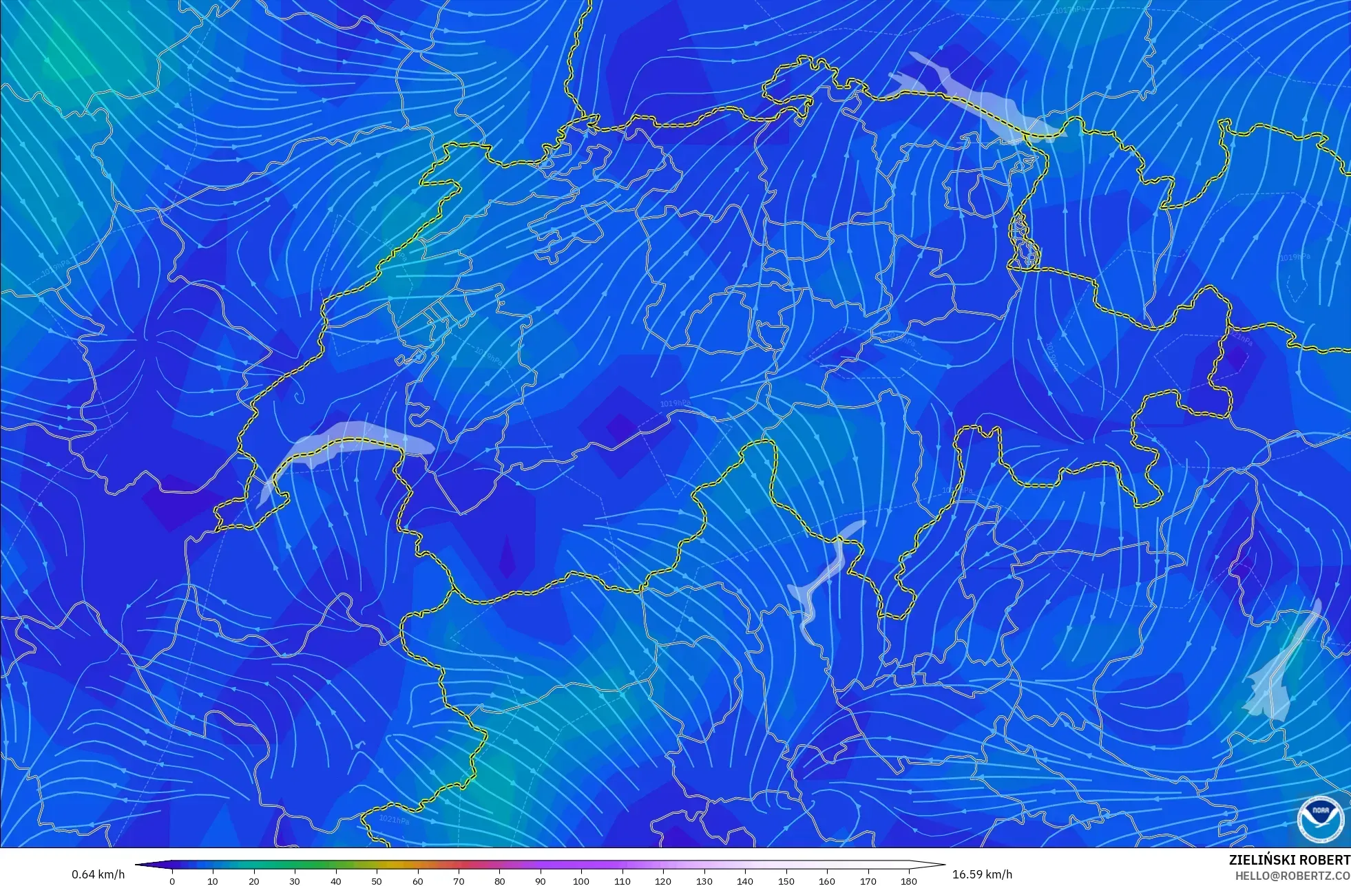 GFS modelo - Suiza, Viento a 10 m
