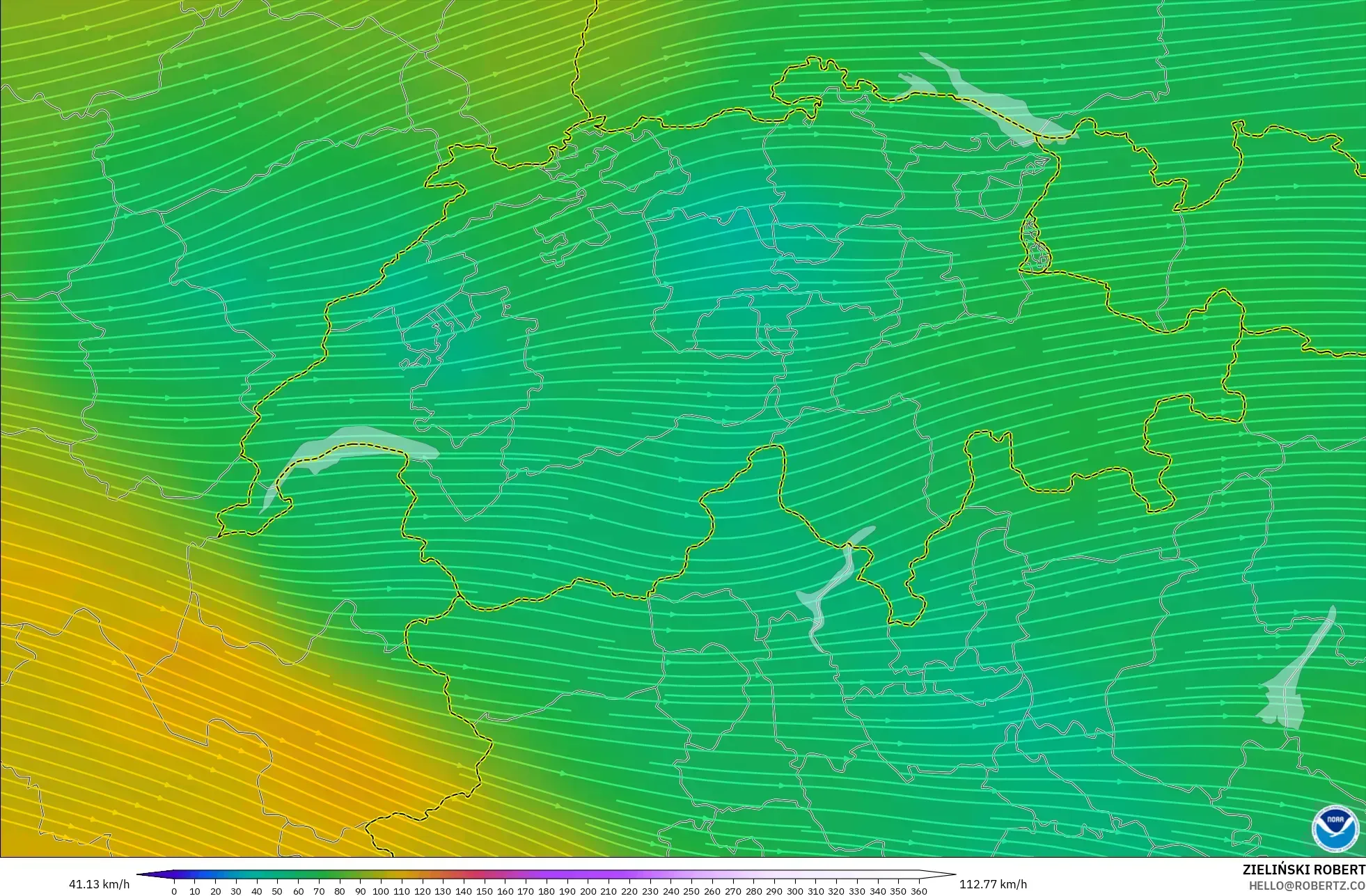 GFS modelo - Suiza, Viento a 300 hPa (corriente en chorro)