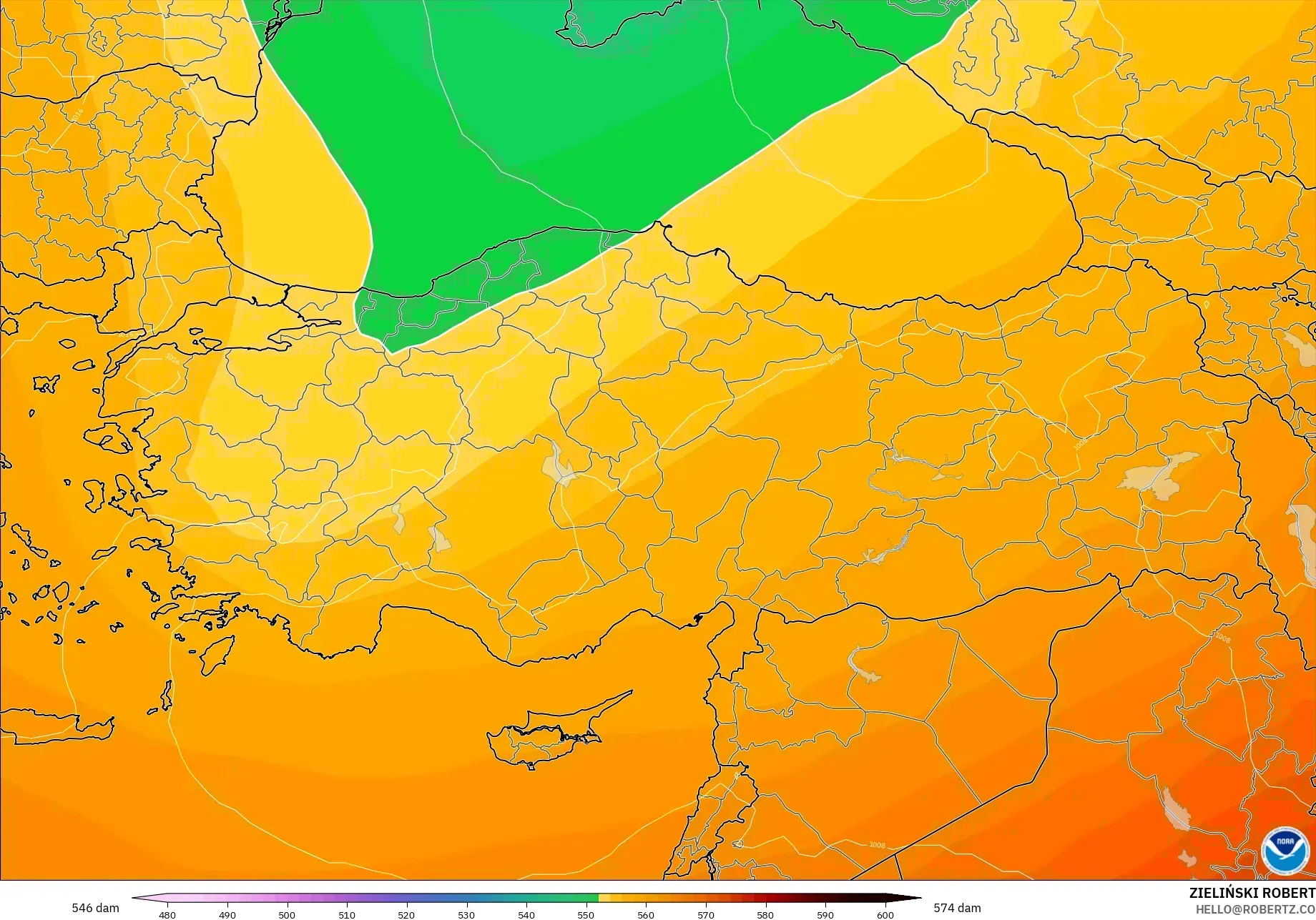 GFS modelo - Turquía, Altura geopotencial a 500 hPa