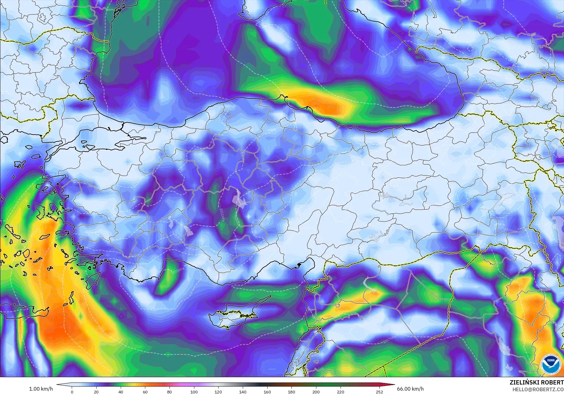 GFS modelo - Turquía, Ráfagas de Viento Máximas
