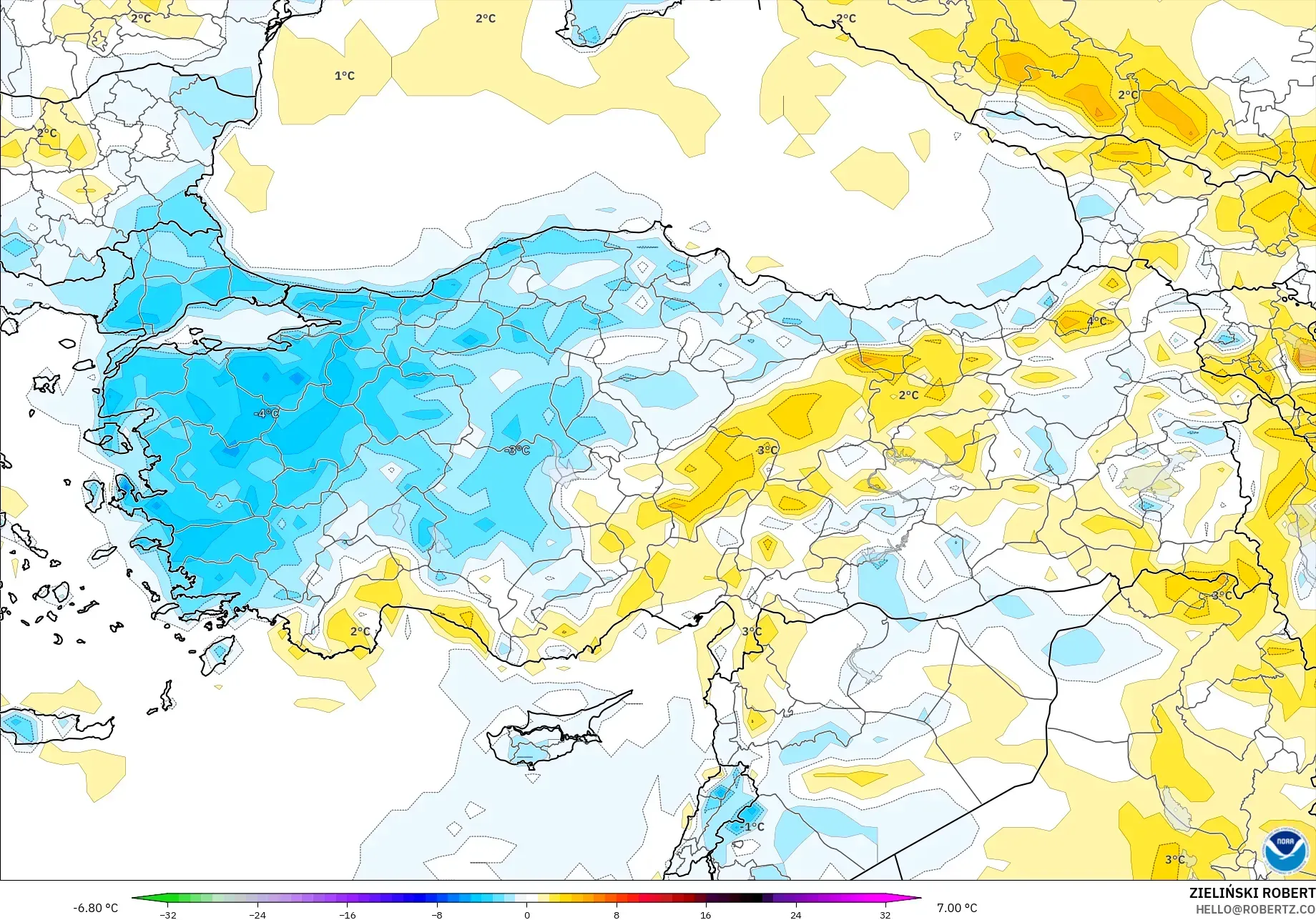 GFS modelo - Turquía, Anomalía de temperatura a 2 m