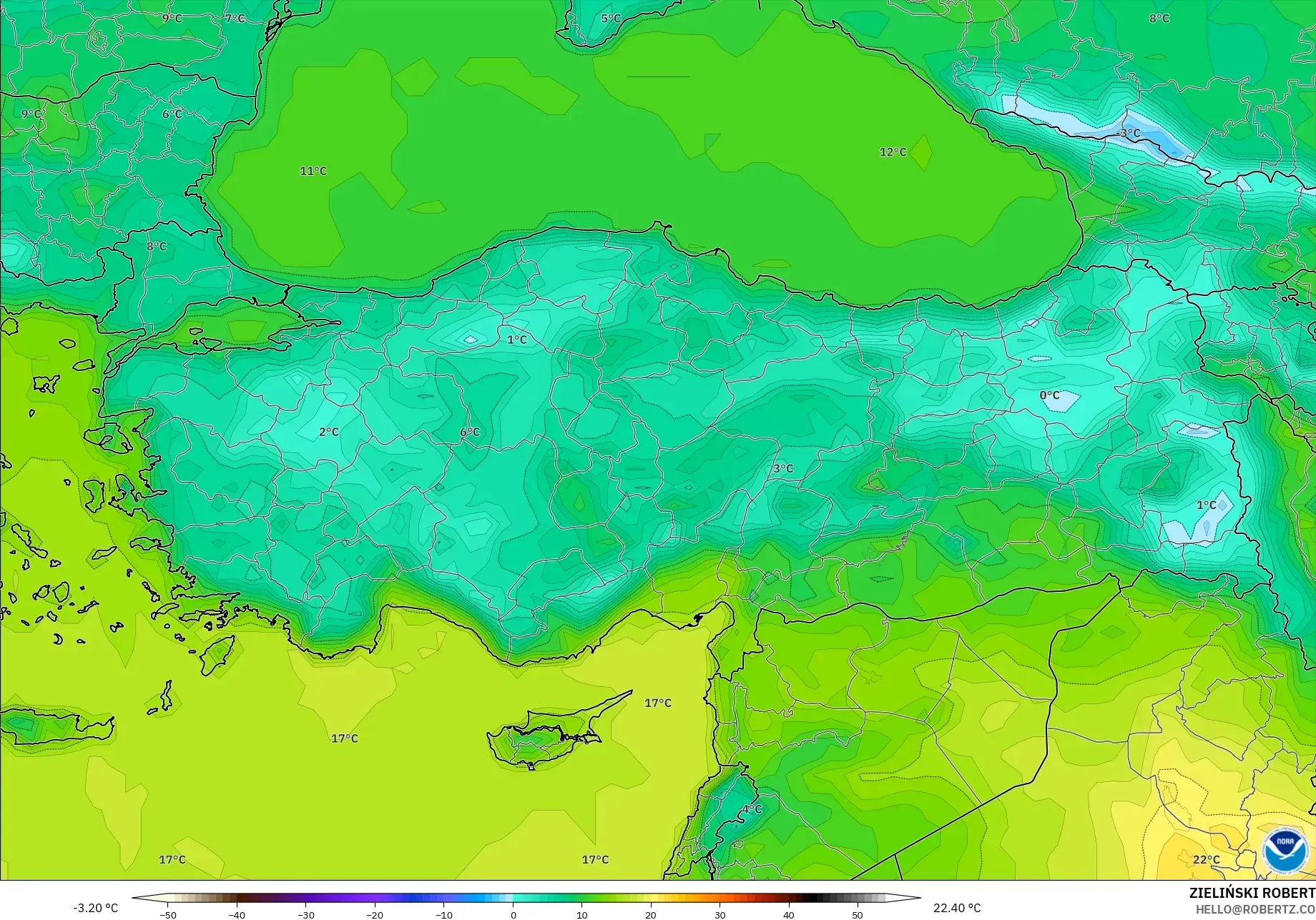 GFS modelo - Turquía, Temperatura a 2 m