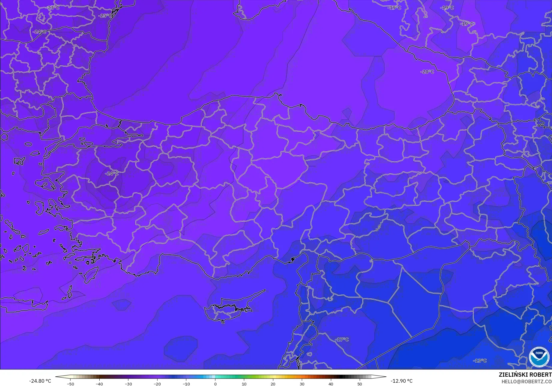 GFS modelo - Turquía, Temperatura a 500 hPa