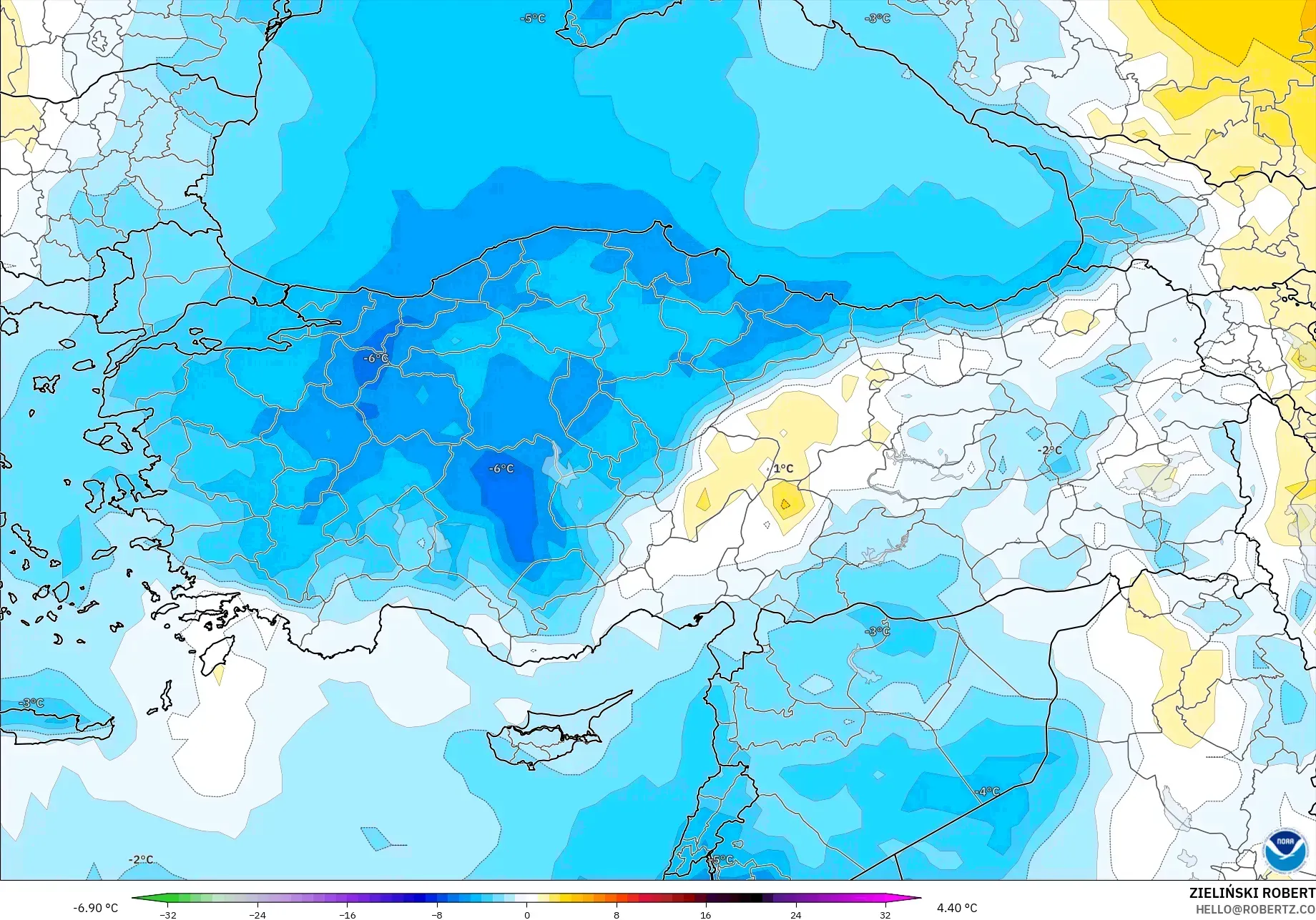 GFS modelo - Turquía, Anomalía de temperatura a 850 hPa