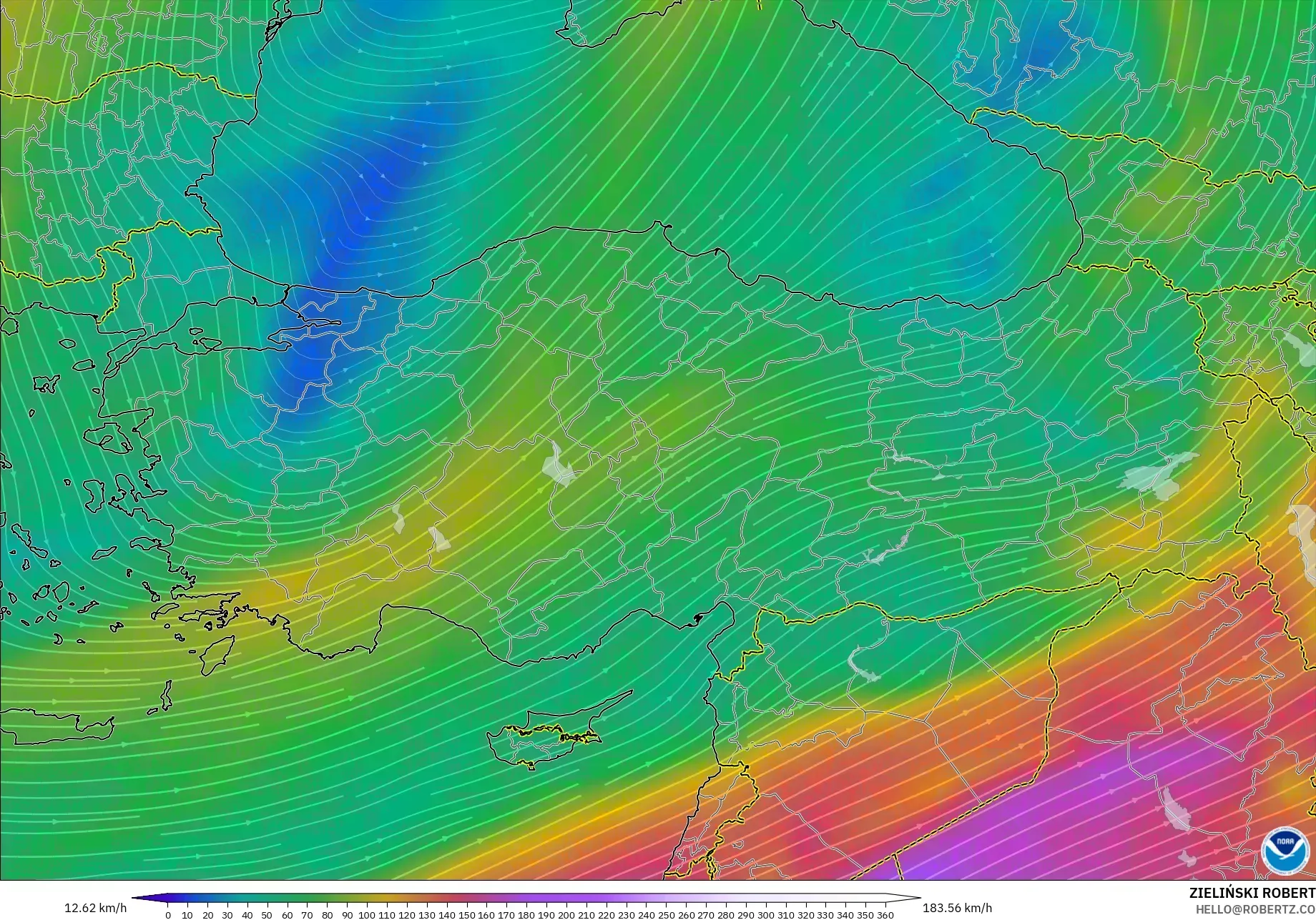 GFS modelo - Turquía, Viento a 300 hPa (corriente en chorro)
