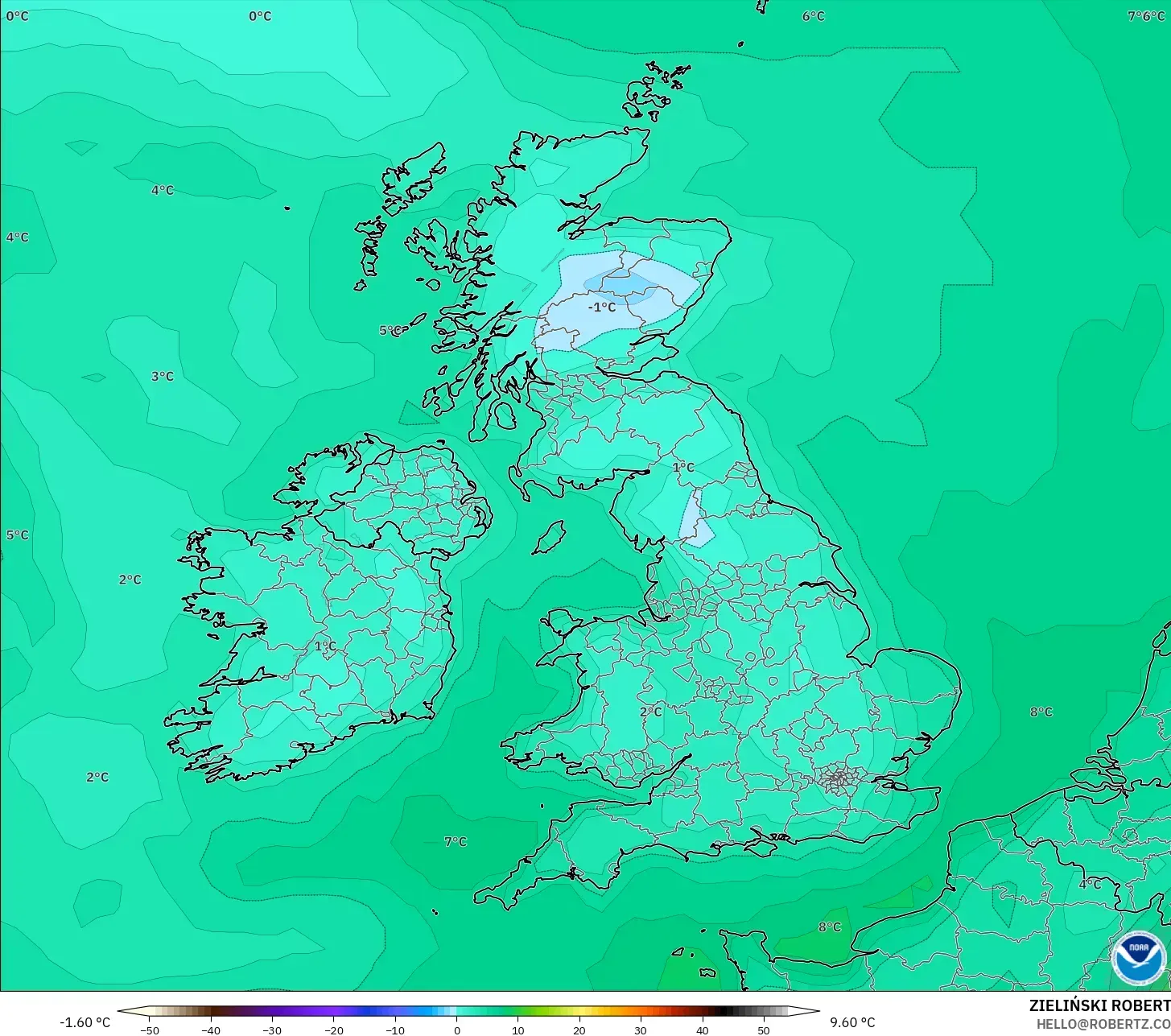GFS modelo - Reino Unido, Punto de rocío a 2 m
