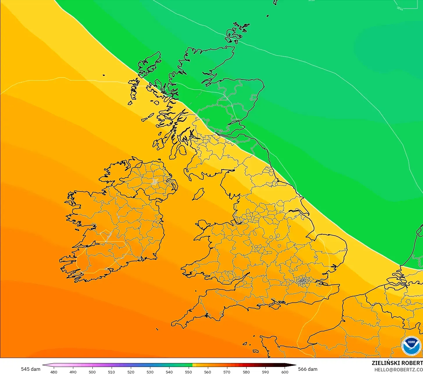 GFS modelo - Reino Unido, Altura geopotencial a 500 hPa