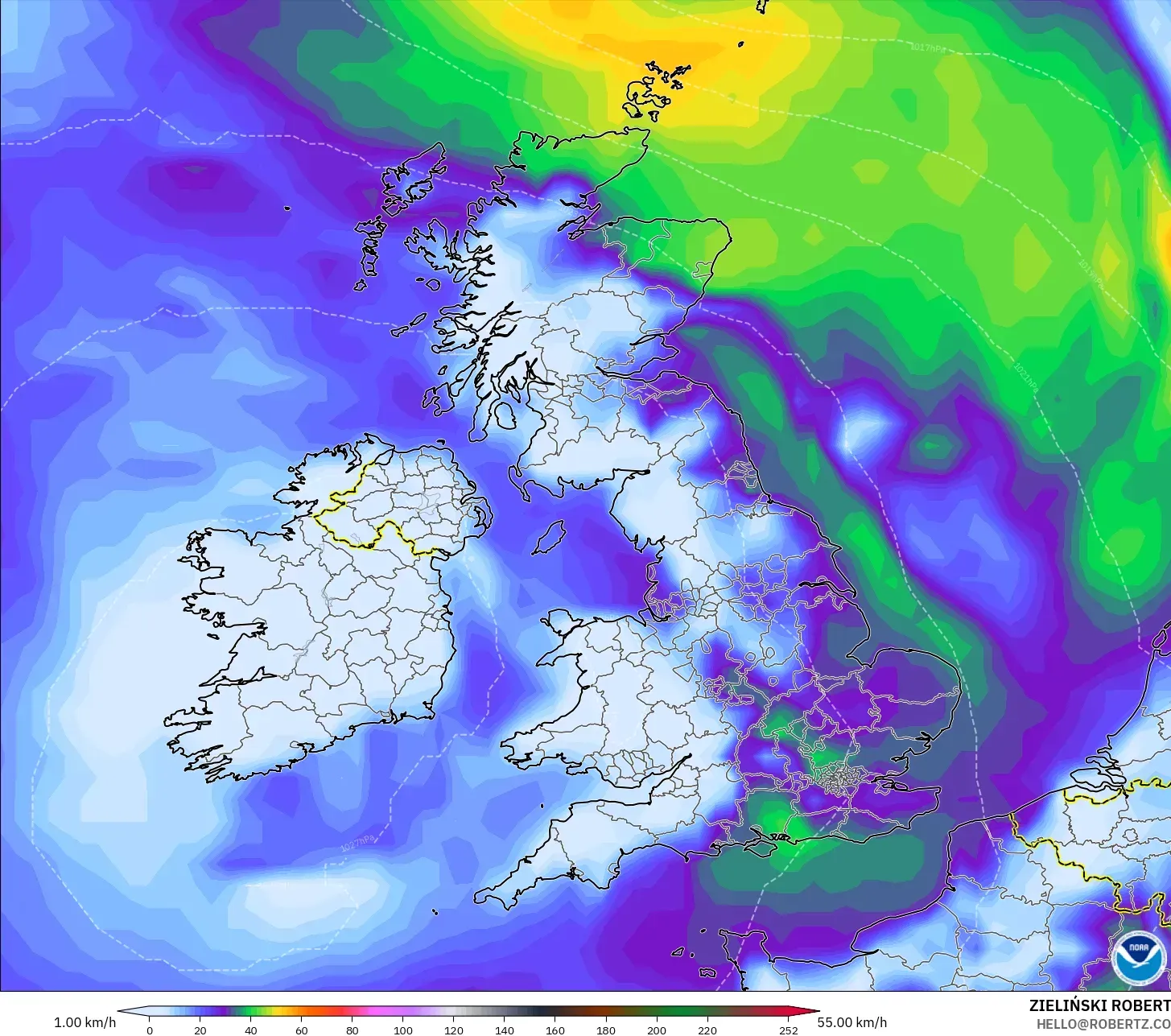 GFS modelo - Reino Unido, Ráfagas de Viento Máximas