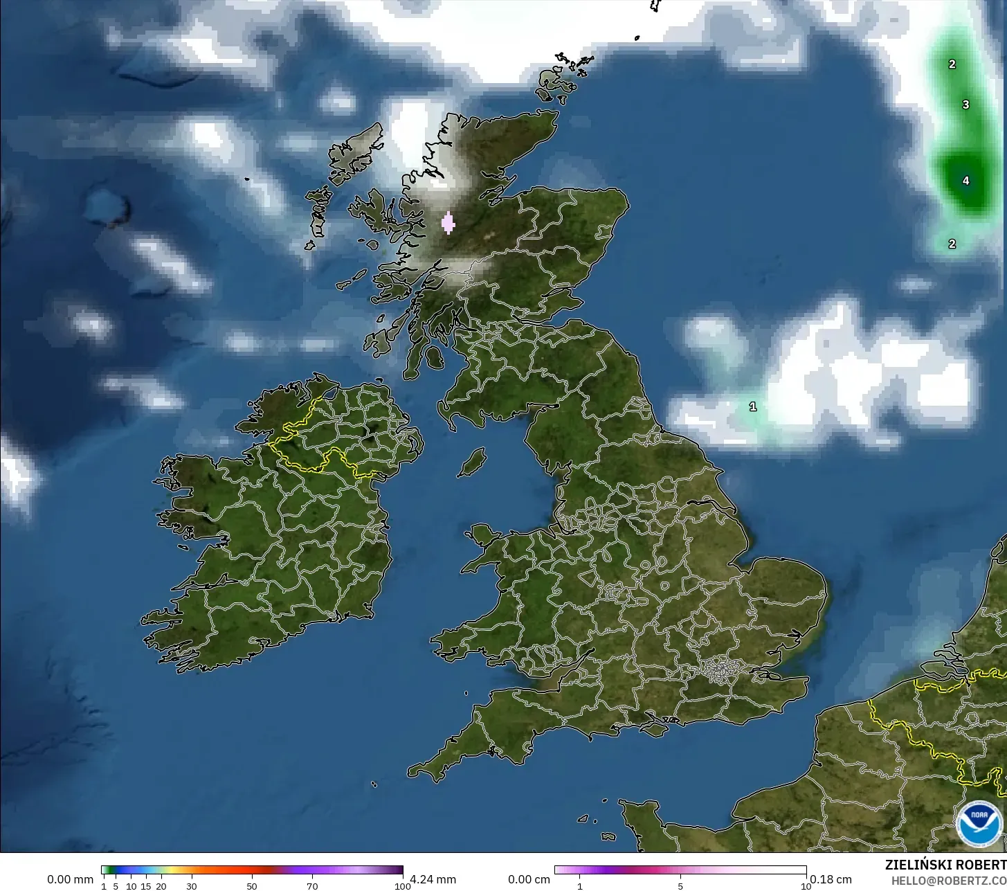 GFS modelo - Reino Unido, Precipitación, nubes y presión