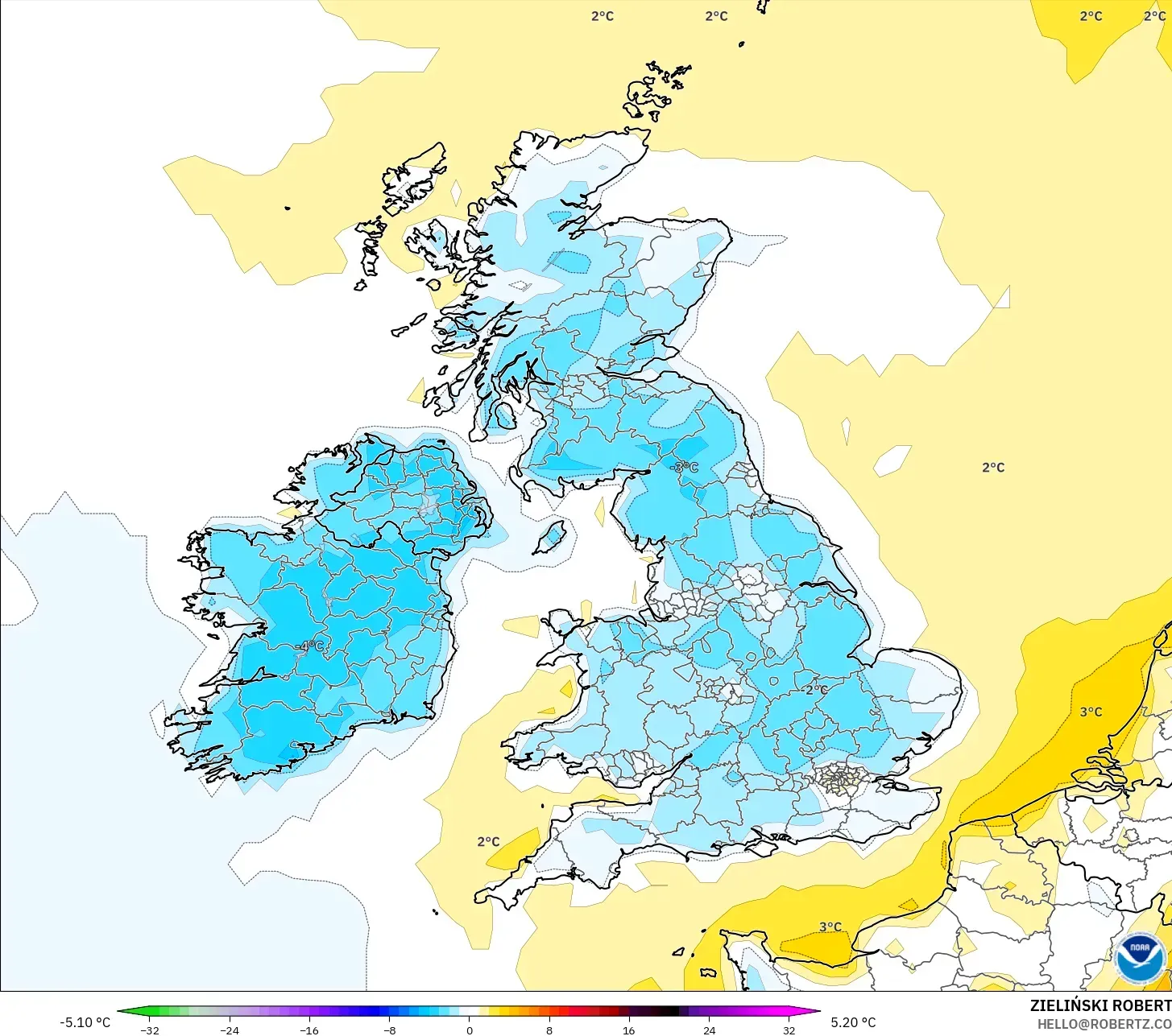 GFS modelo - Reino Unido, Anomalía de temperatura a 2 m