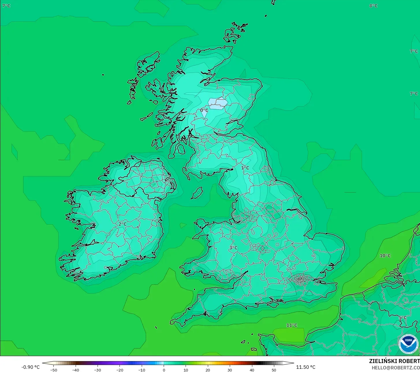 GFS modelo - Reino Unido, Temperatura a 2 m